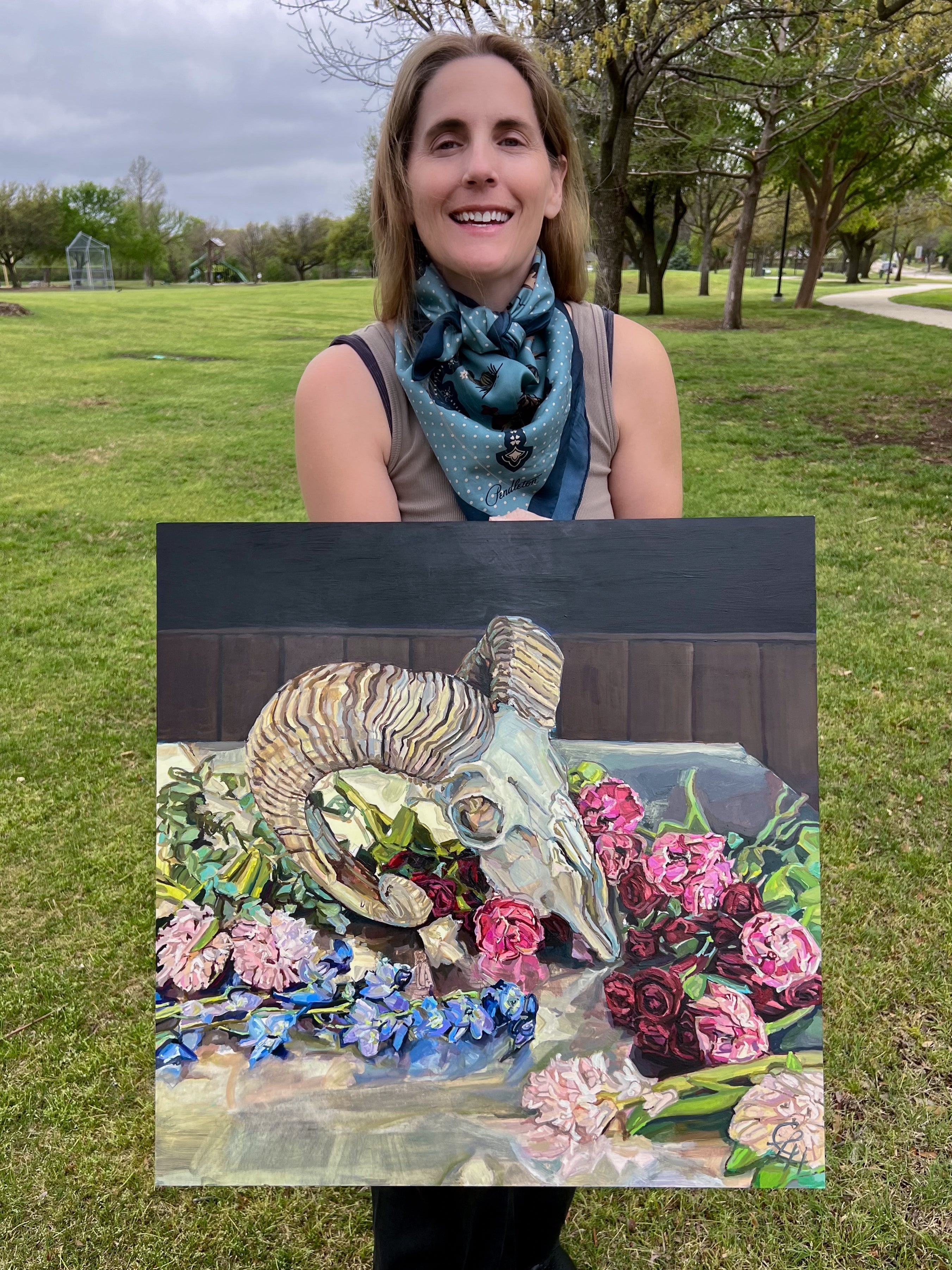 Oil Painting of Ram Skull and Peonies with Texas artist Courtney Holder, Unique by Nature Art Show Mckinney, Texas 2025