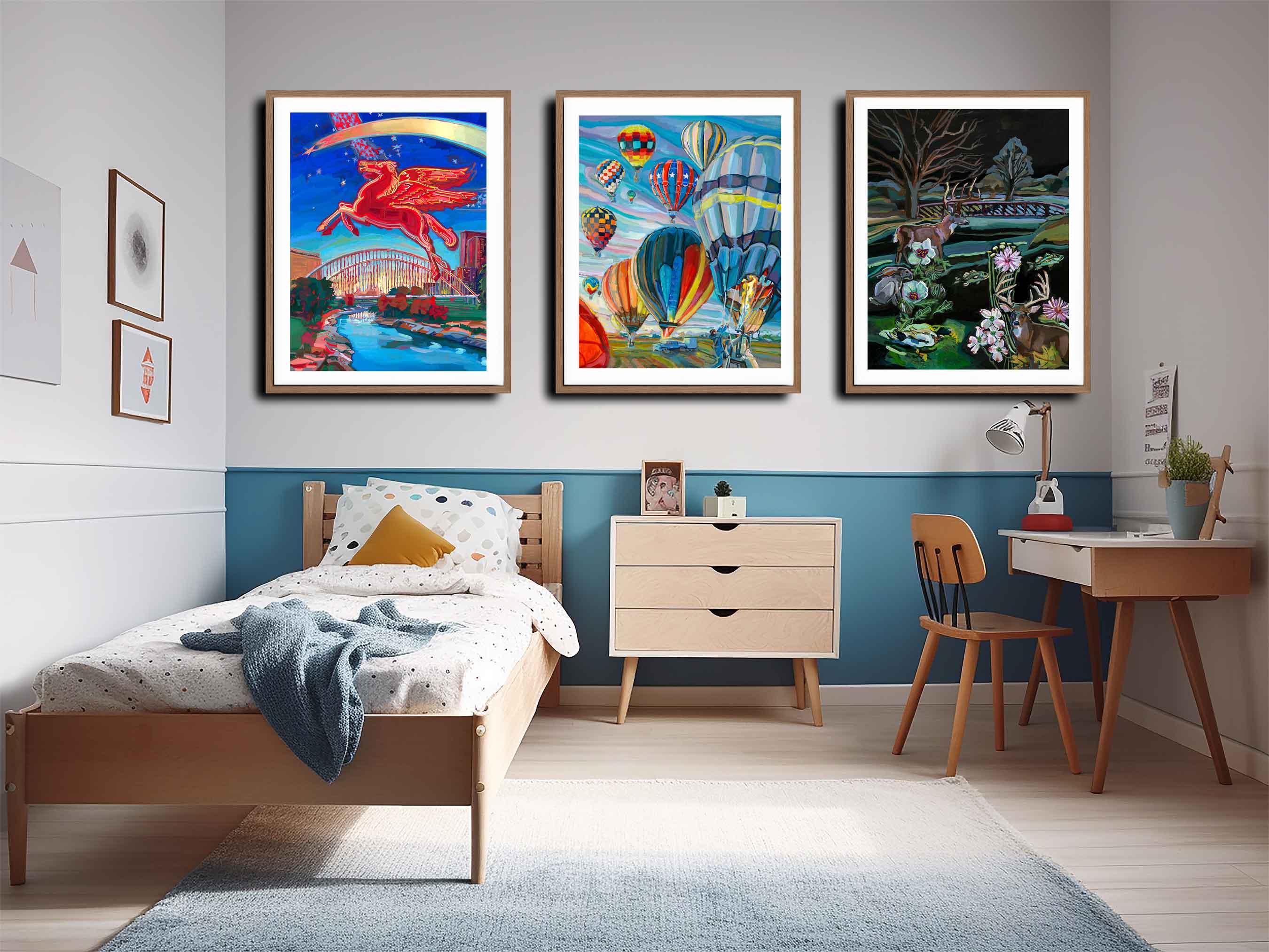 Vintage decorated bedroom with colorful Texas wall art of wildlife animals, Dallas pegasus and hot air balloons with bed, dresser, and desk.