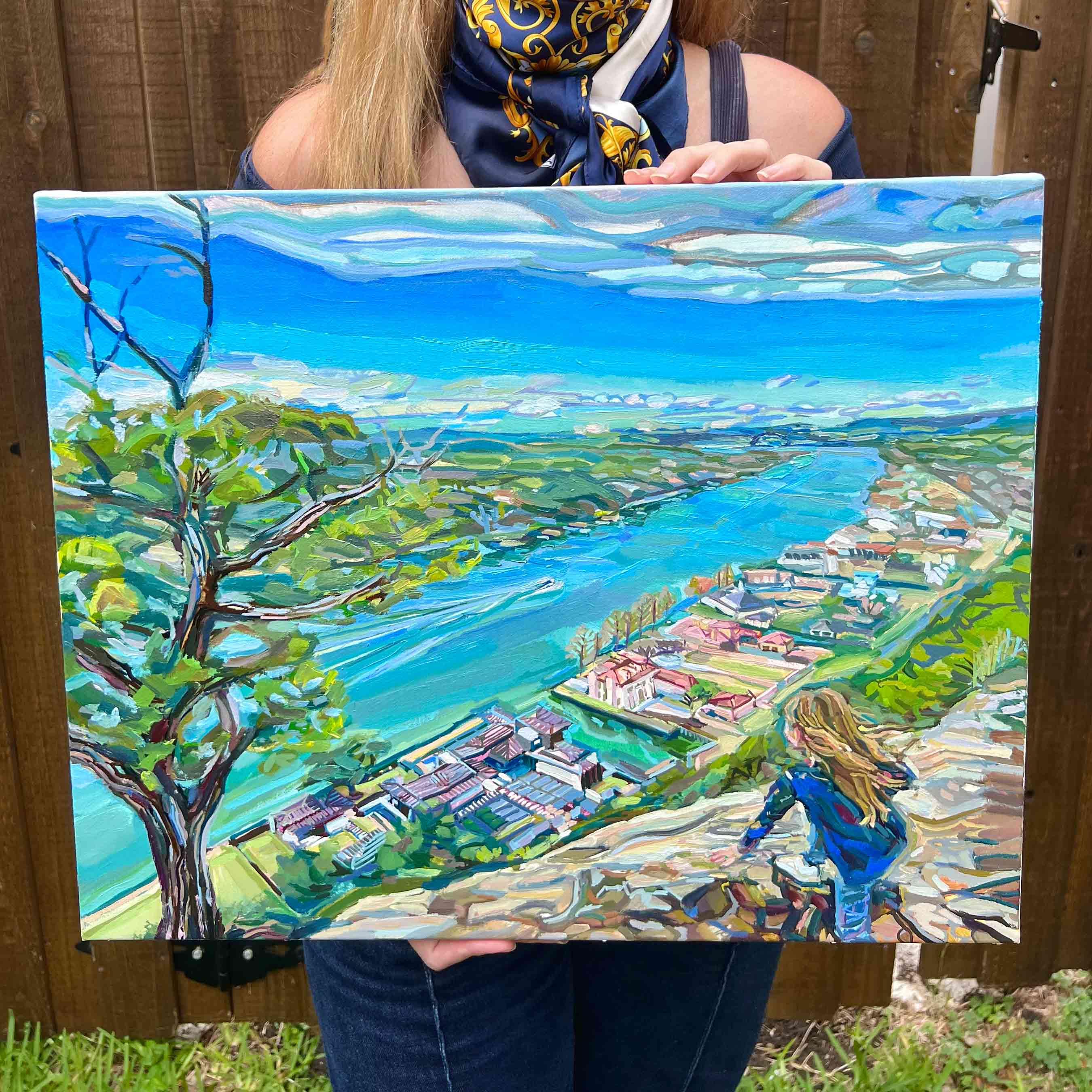 Mount Bonnell oil painting overlooking Austin lake in Texas.