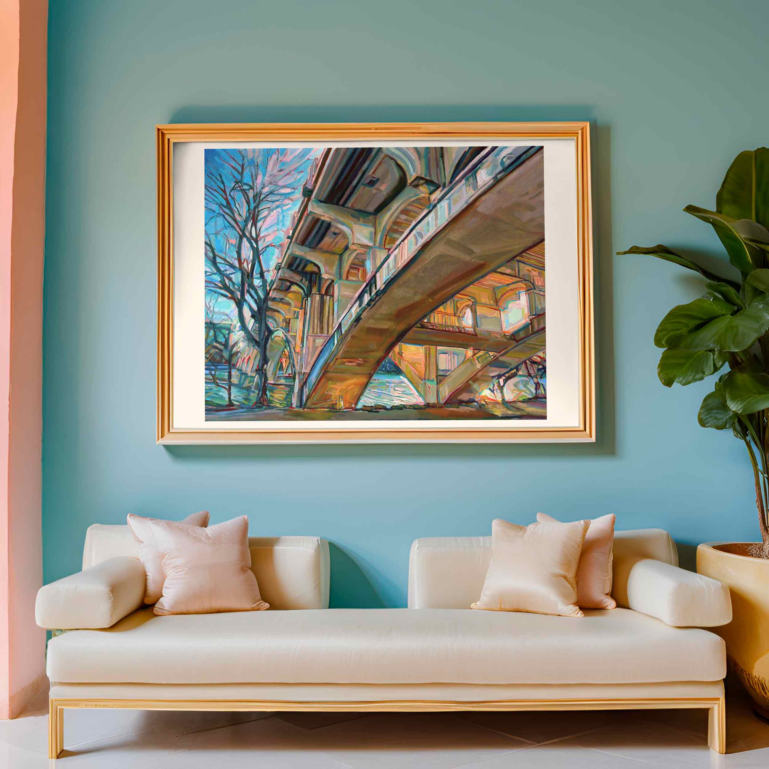 Austin Print of Colorado River Sunset at Lamar Bridge, Austin Texas print of Ladybird Lake Oil Painting with Lake Reflections