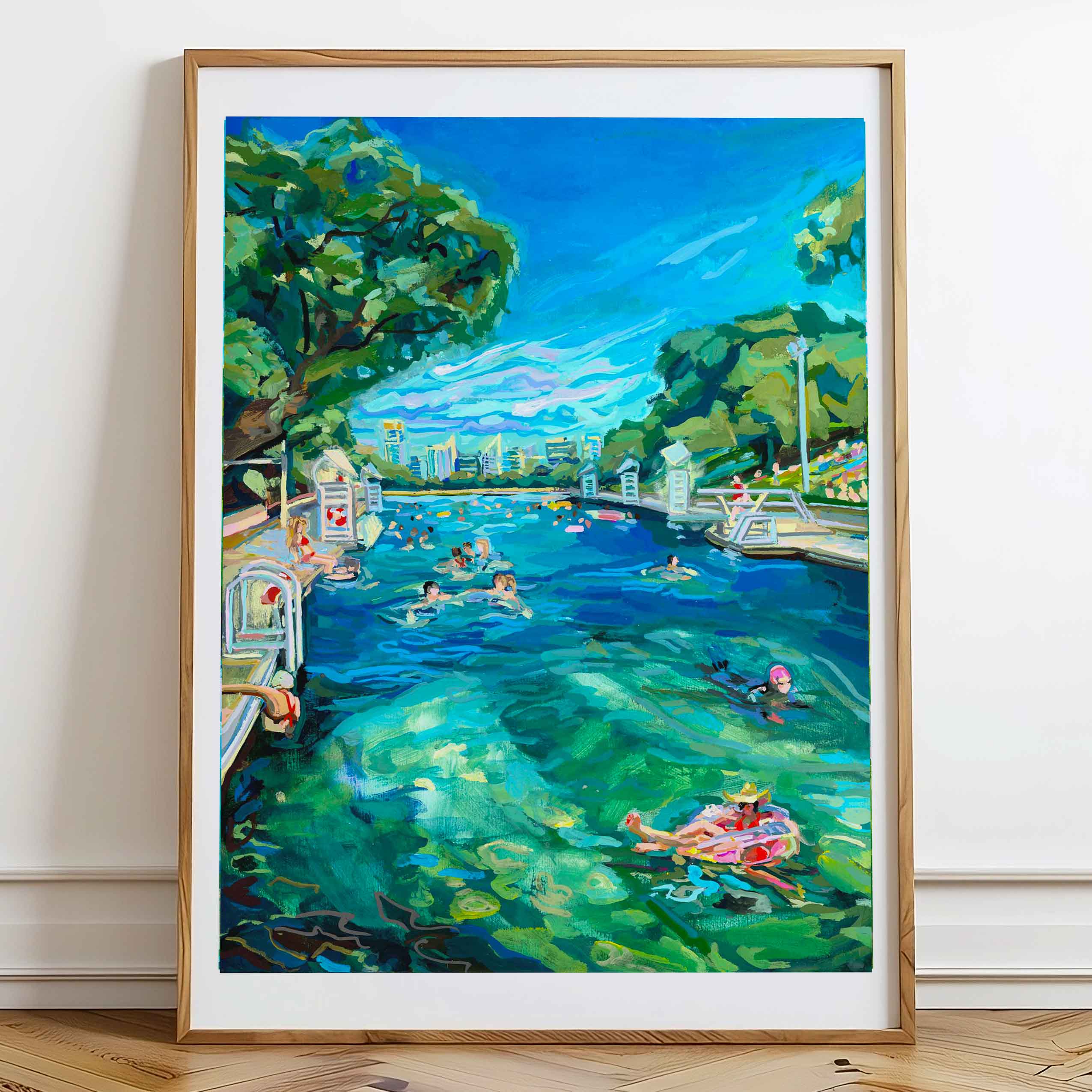 Austin Art Barton Springs Pool large print of painting for Austin home and livingroom, or business. Framed art on wood floor.