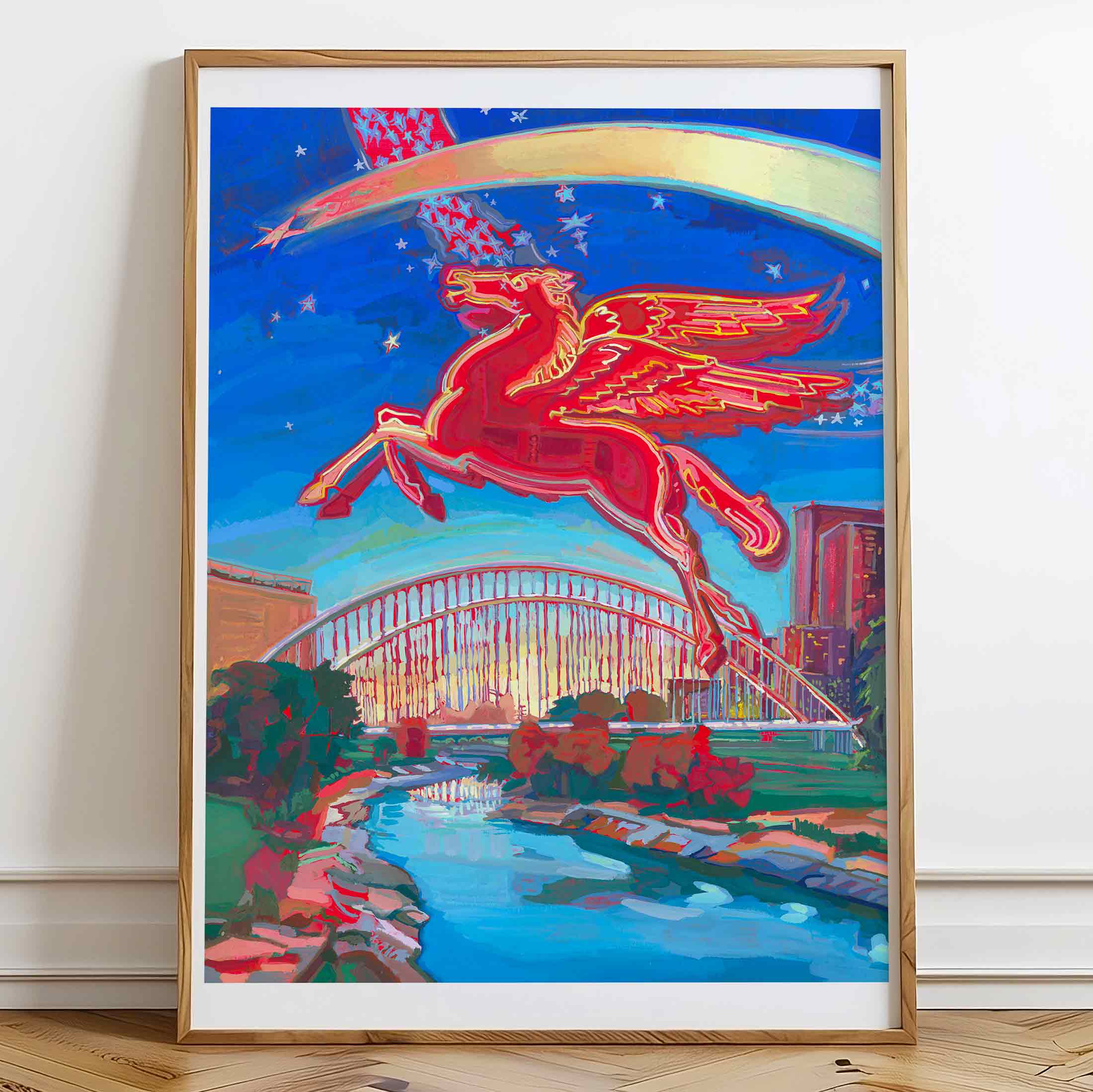 Dallas painting of red flying horse and Trinity River, office wall art framed
