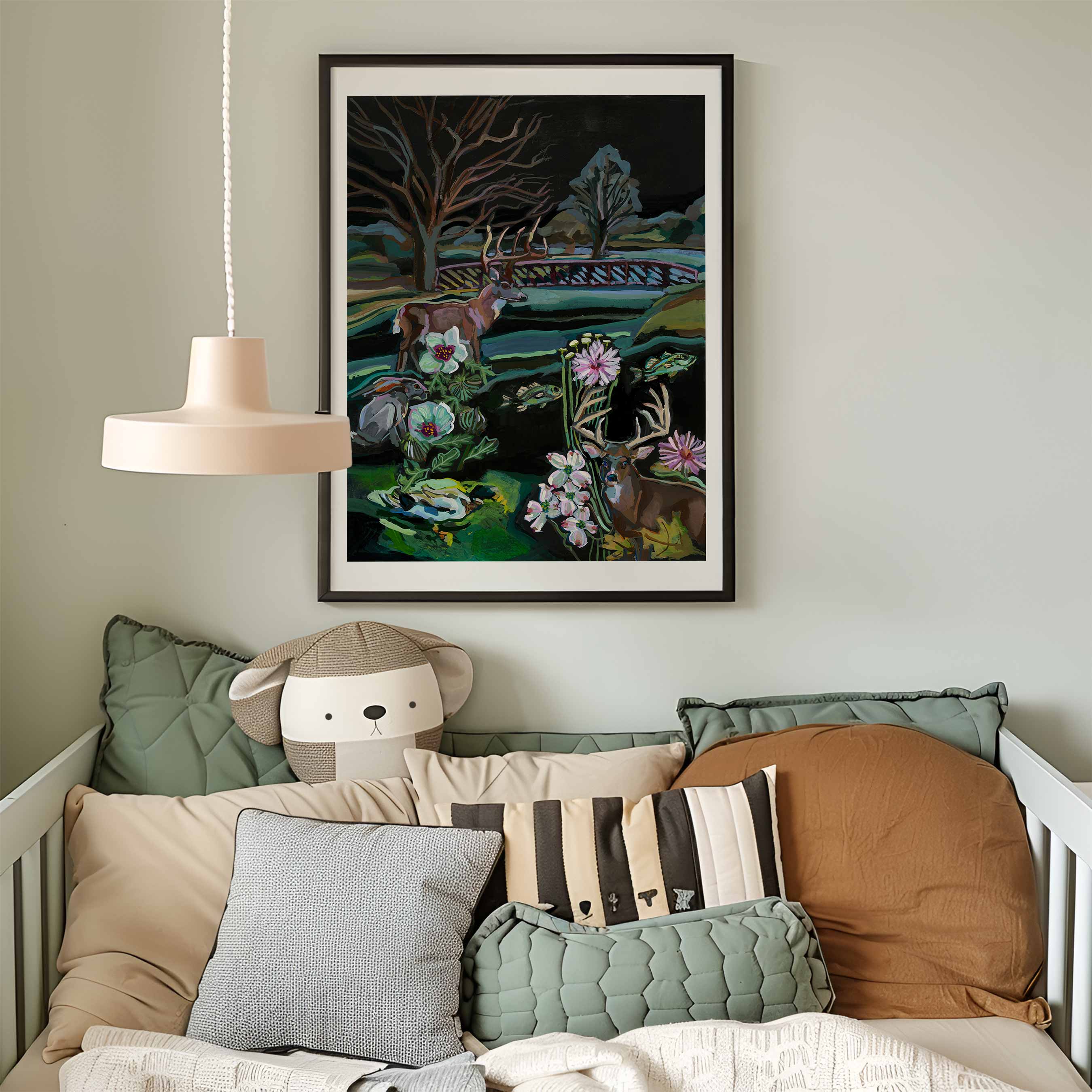 Art print of whitetail deer, duck, bass fish and nature scene on Texas river in New Braunfels, Texas above child's retro bed with a framed painting above, featuring animals and nature.