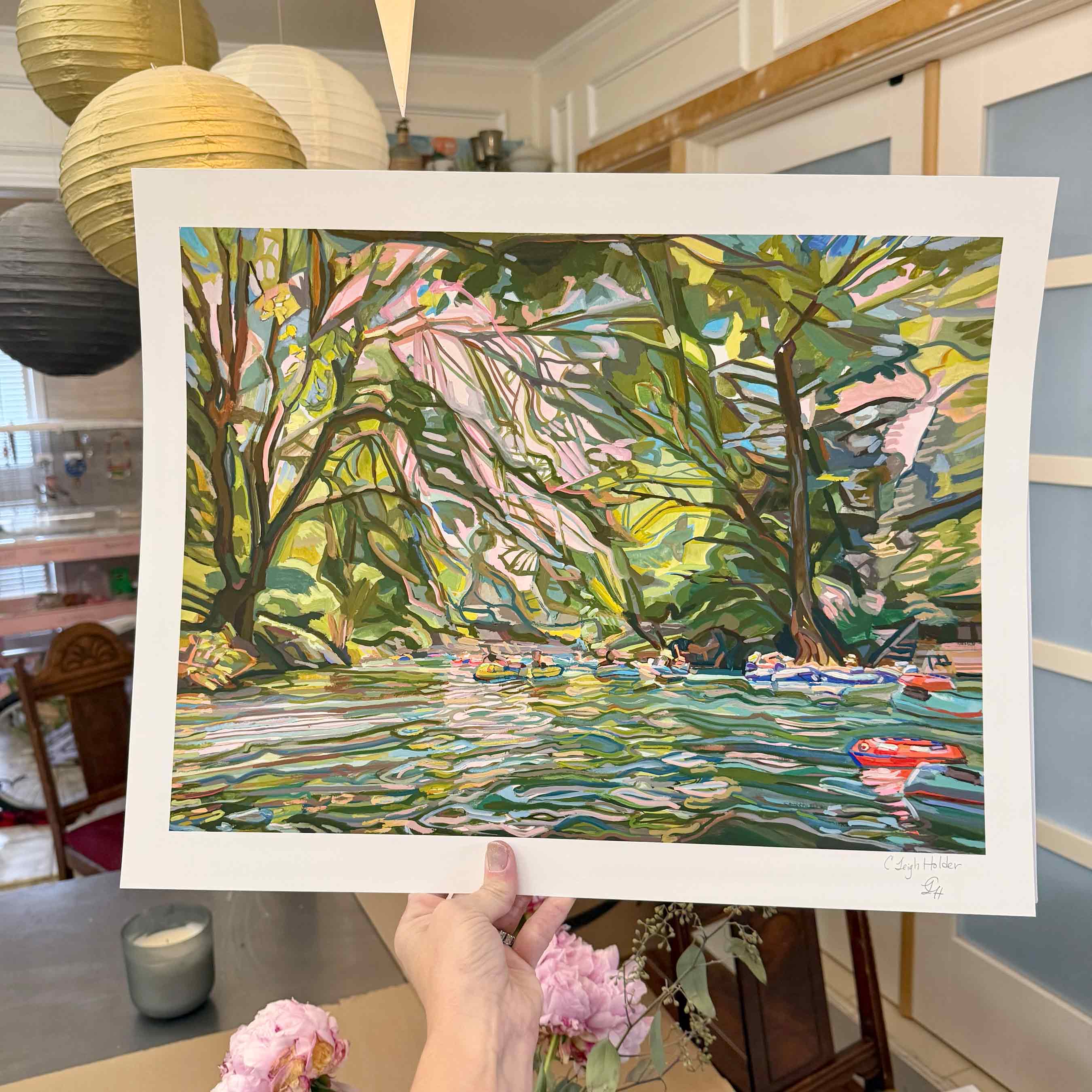 Texas River Tubing print of Original Gouache Painting, Comal River Art, Nostalgic Texas Hill Country Decor