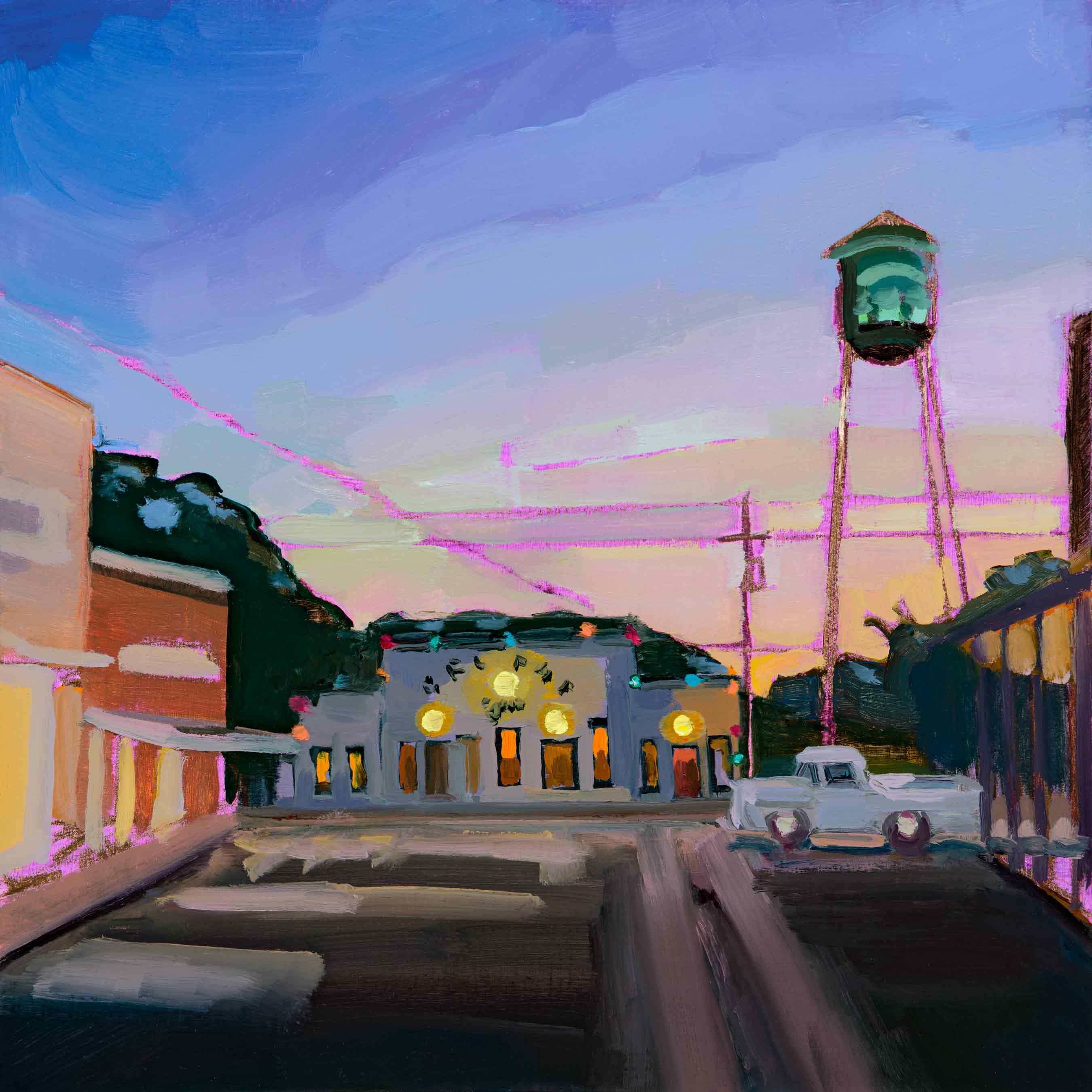Gruene Hall Print of Oil Painting by Local Austin artist, colorful country music artwork at sunset