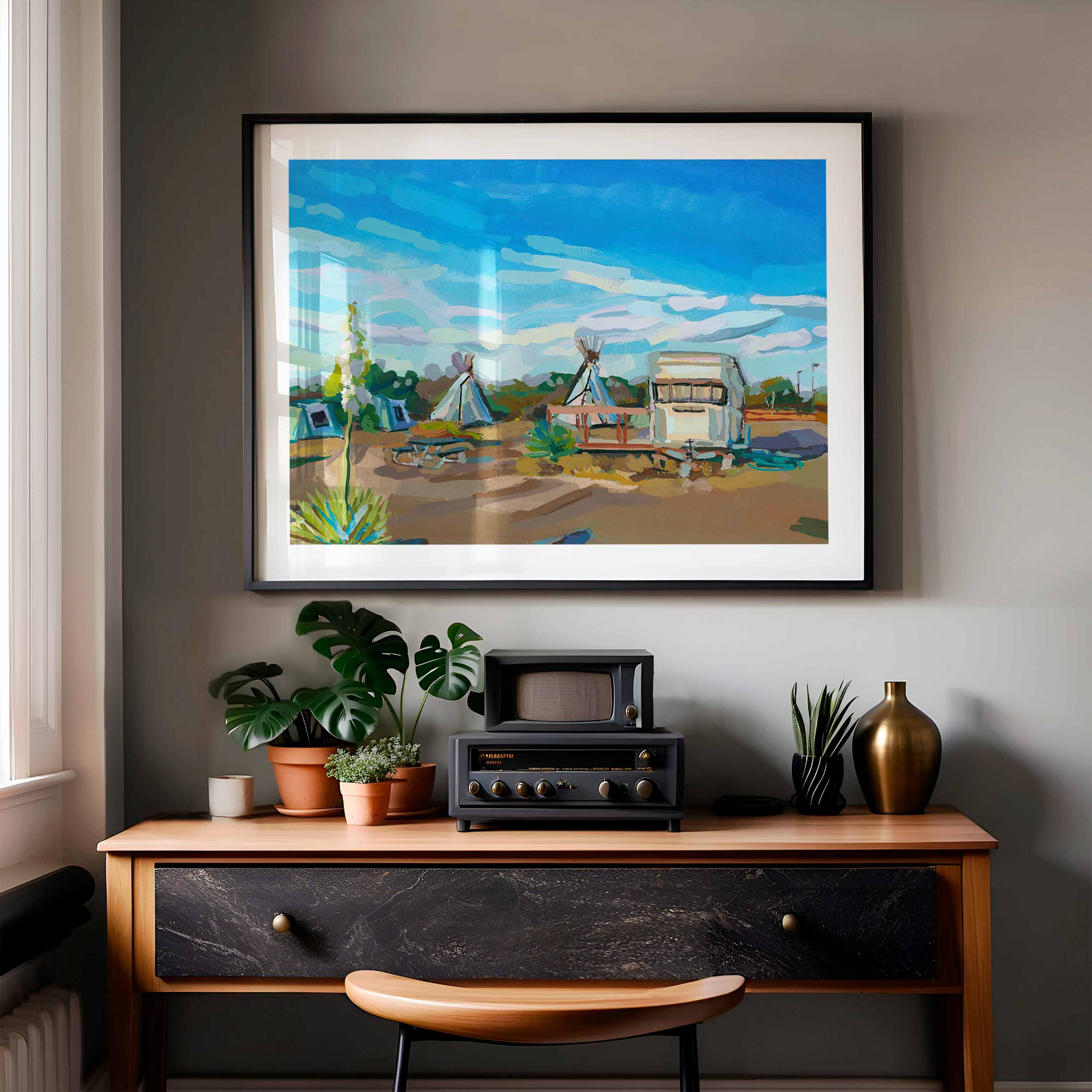 West Texas Painting El Cosmico Marfa Texas Art, Vintage Midcentury Modern Desert Landscape, Hand-signed Print