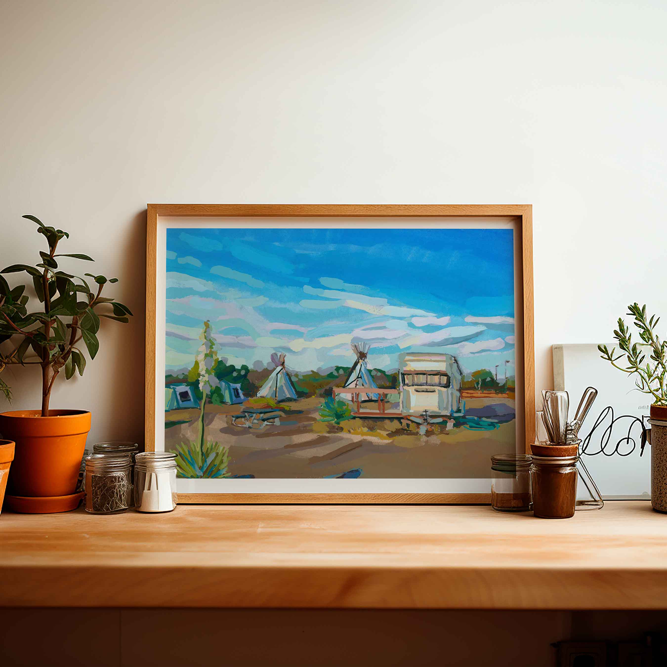West Texas Painting El Cosmico Marfa Texas Art, Vintage Midcentury Modern Desert Landscape, Hand-signed Print
