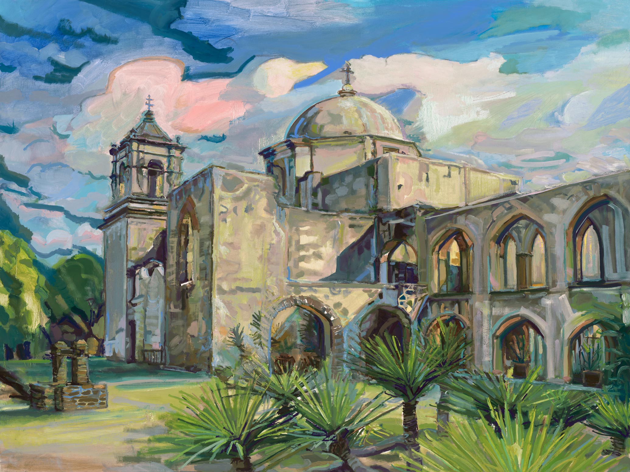 Oil painting of a historical building in San Antonio Texas of Mission San Jose with arched windows and a dome under a colorful sky.