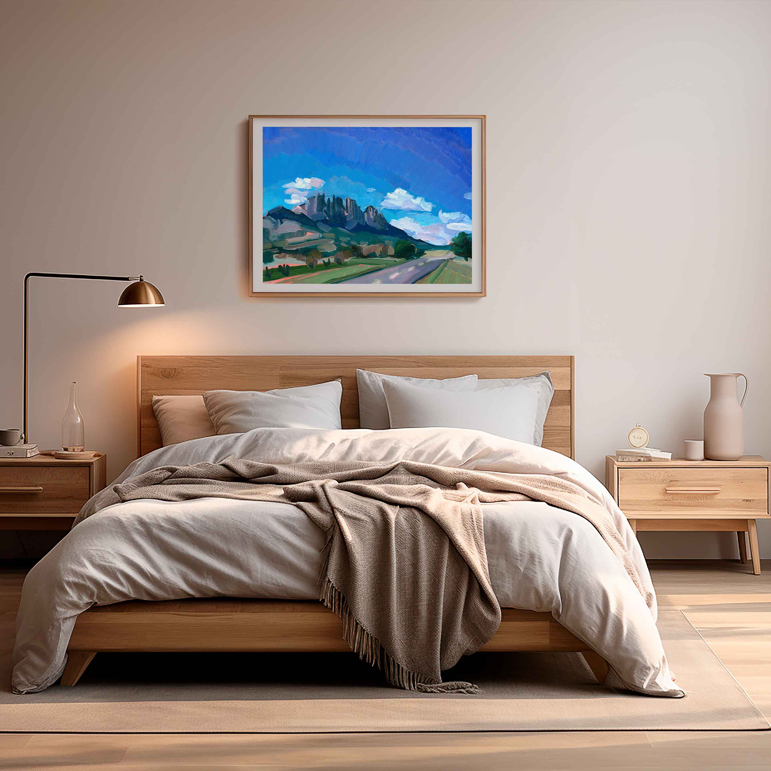 West Texas Landscape Painting of Sawtooth Mountain, Vintage Texas Travel Poster, Colorful Retro Southwestern Mountain Print