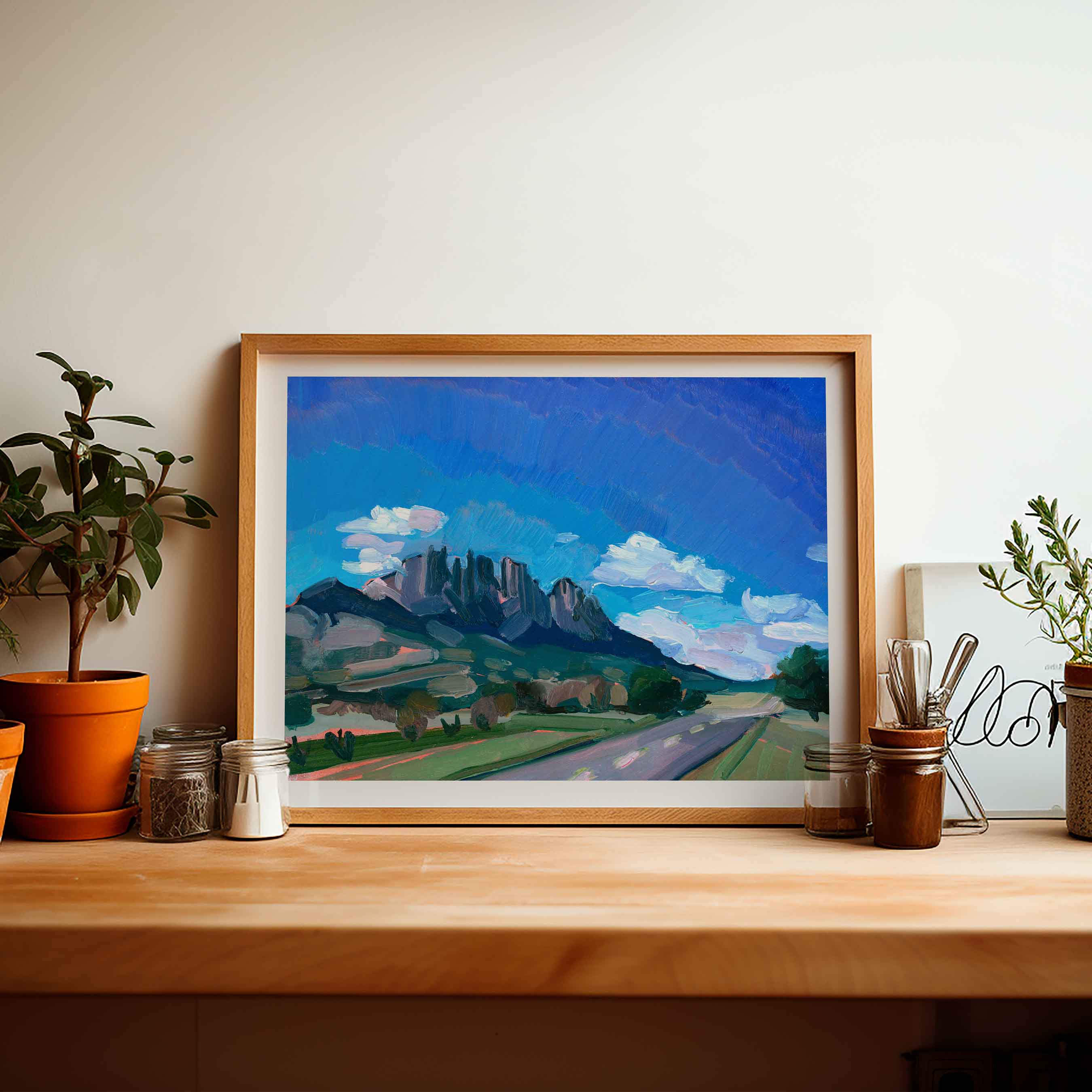 West Texas Landscape Painting of Sawtooth Mountain, Vintage Texas Travel Poster, Colorful Retro Southwestern Mountain Print