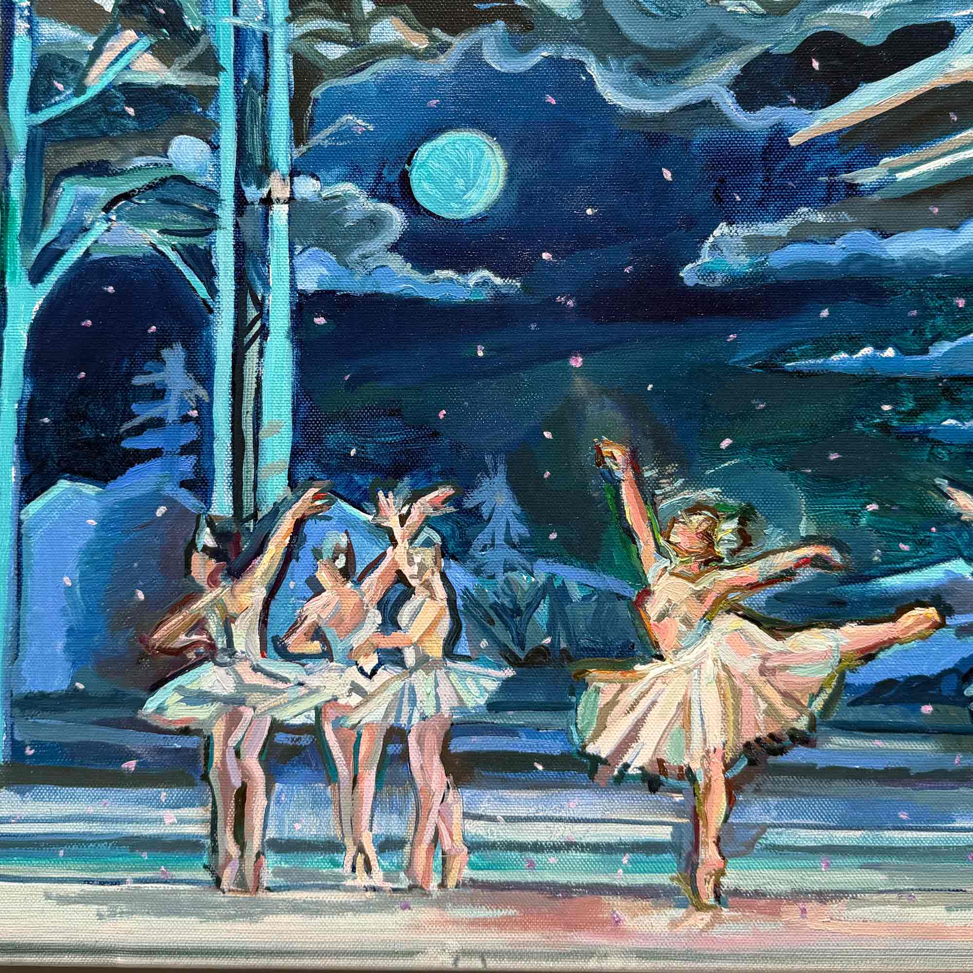 Painting of Ballet dancers in tutus performing Sugar Plum dance on a stage with a snowy night scene in the background from the Nutcracker