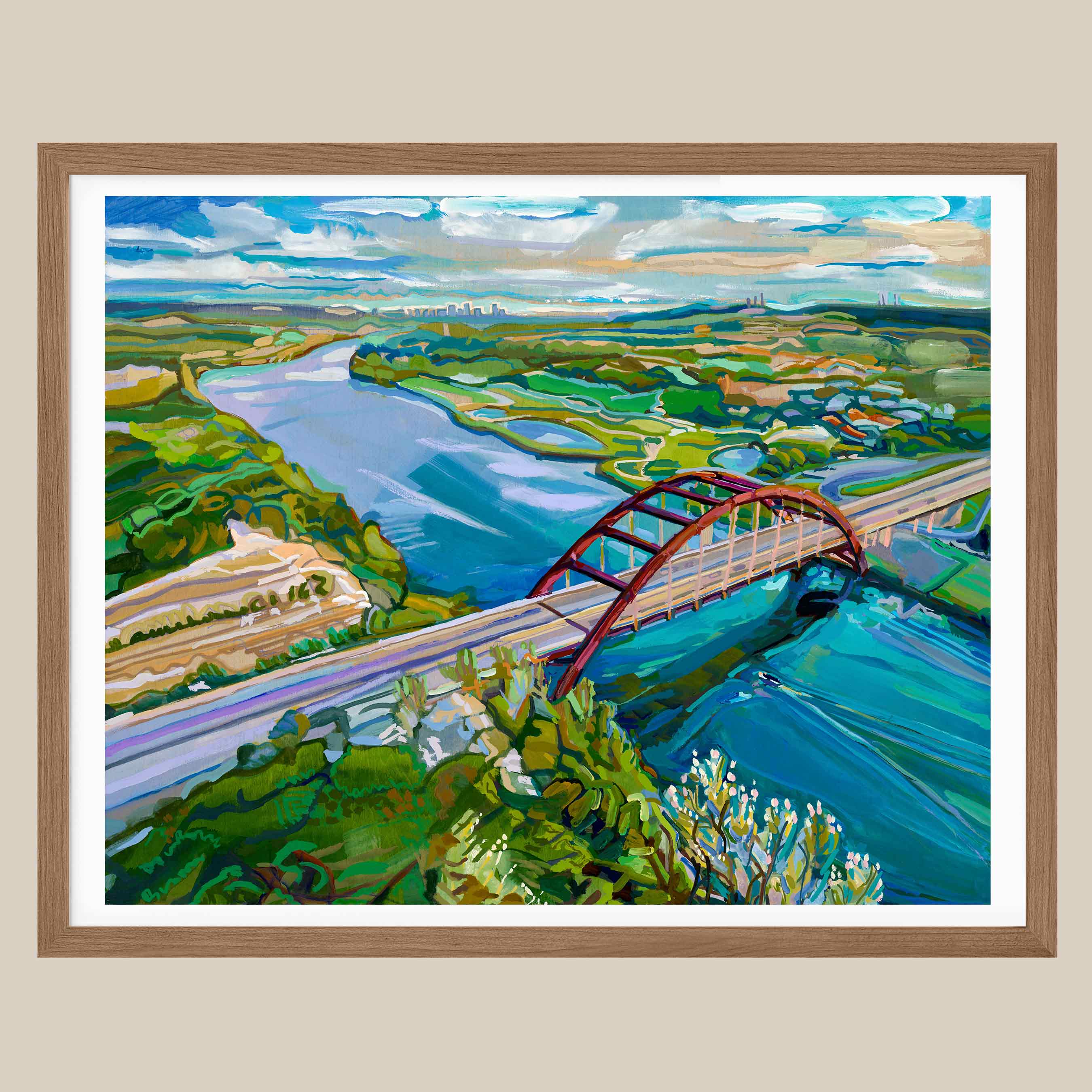 Austin art print of the Pennybacker Bridge, also known as the 360 Bridge, over the Colorado River with a representation of the Texas Hill Country in the background. The print captures a bright and colorful landscape.