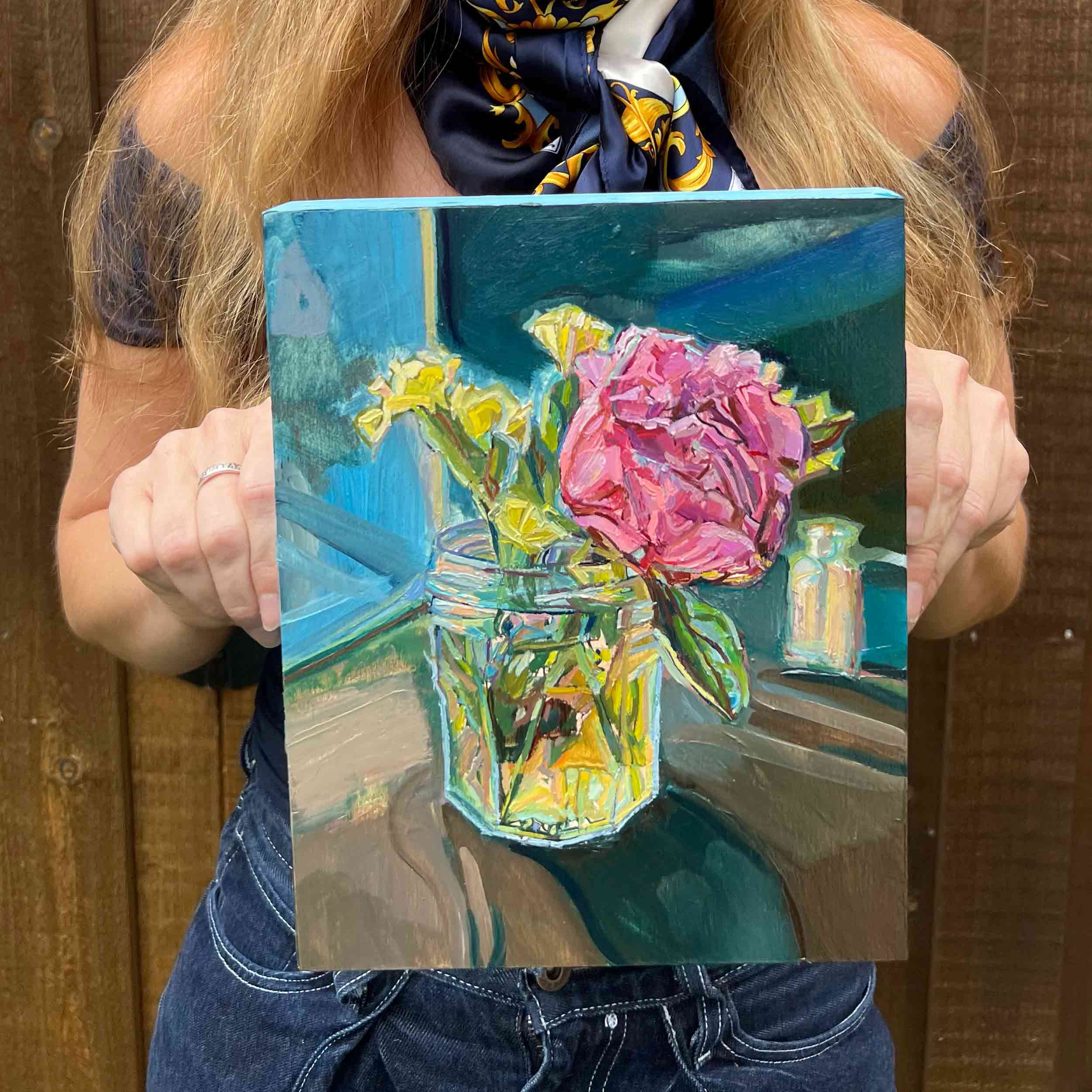 peonies painting, original still life floral painting held by Texas artist Courtney Holder from Austin