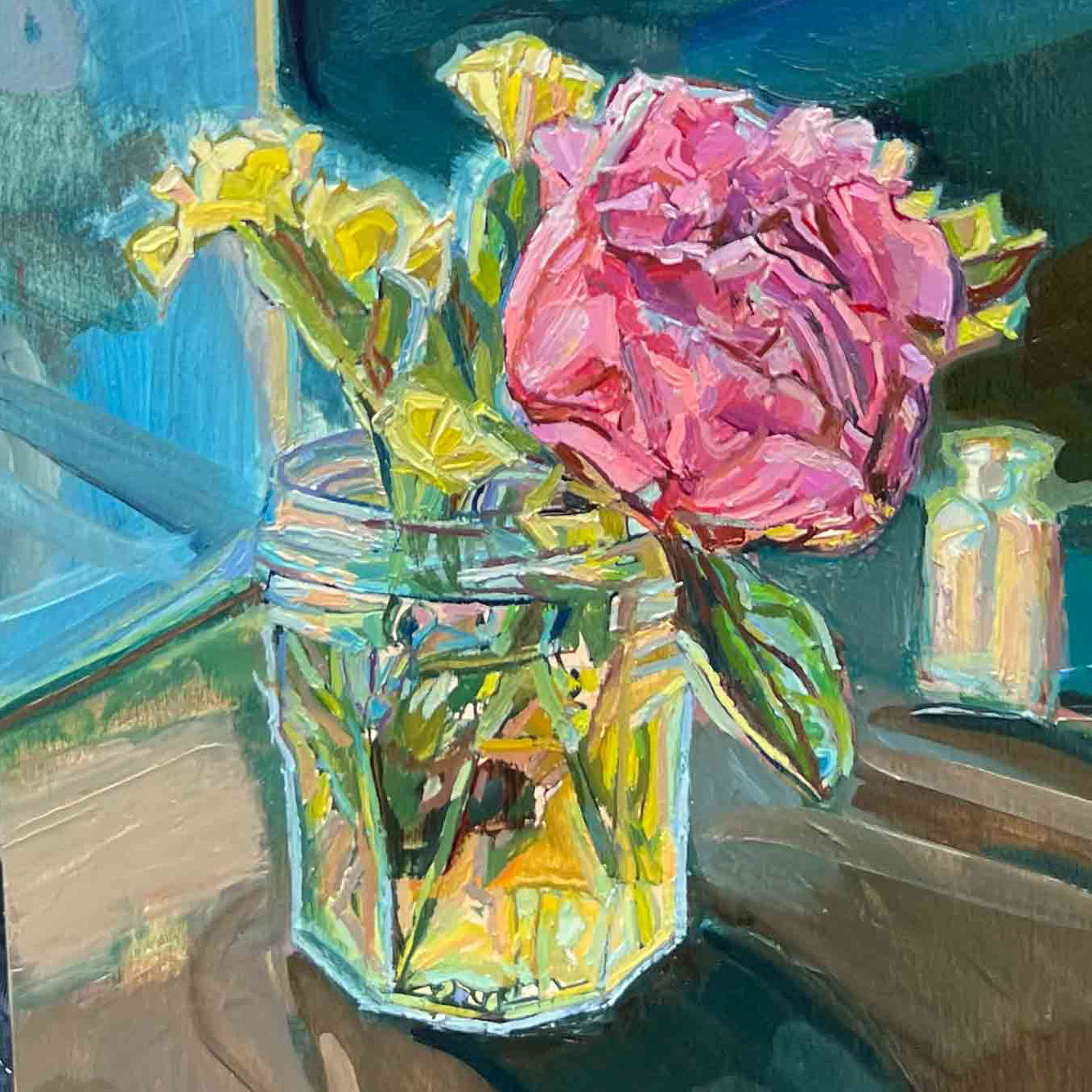 peonies painting, original still life floral painting held by Texas artist Courtney Holder from Austin