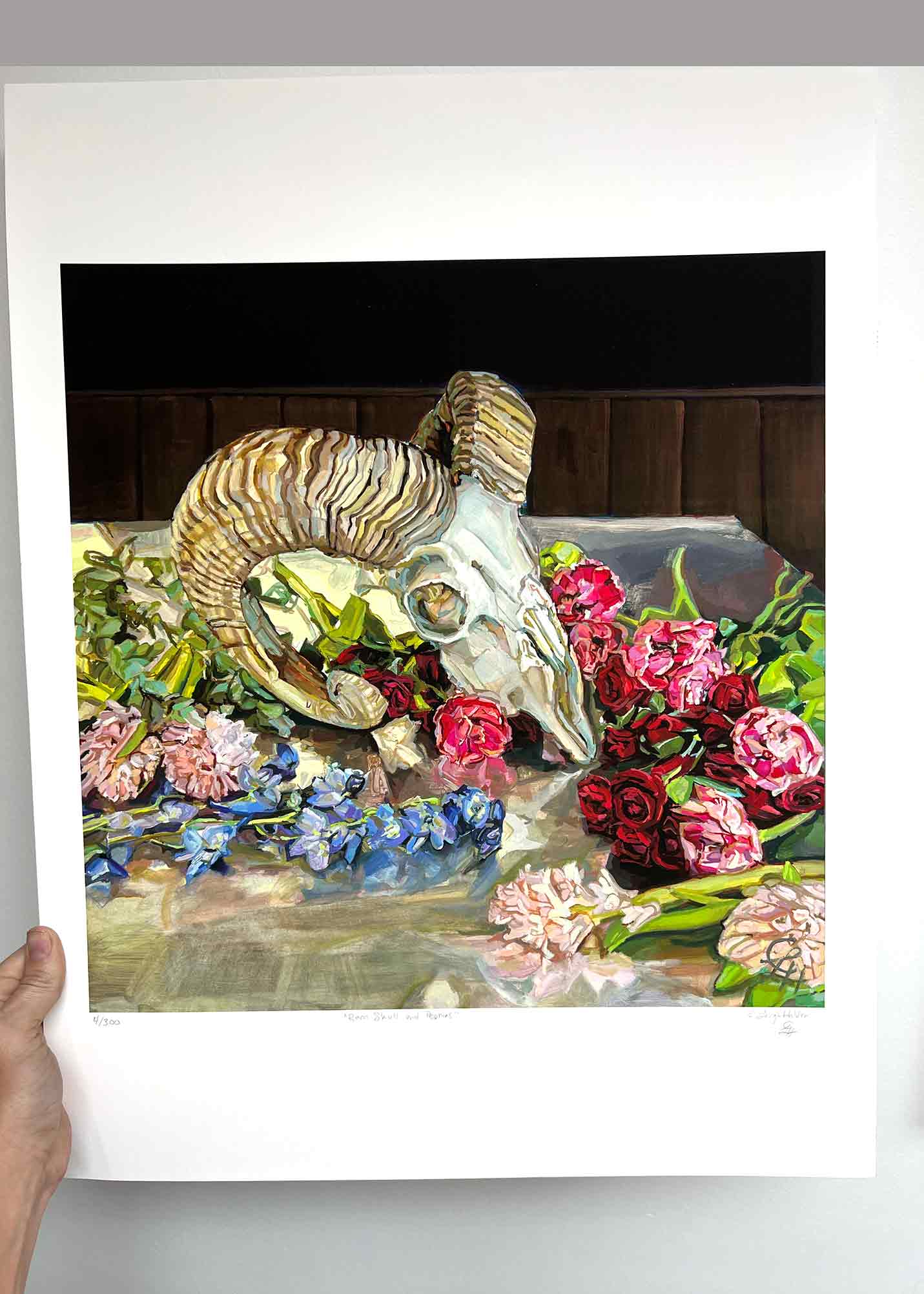 Ram Skull & Peonies Art Print, Modern Still Life of Texas Ram Skull and Flowers, Limited-Edition Archival Print