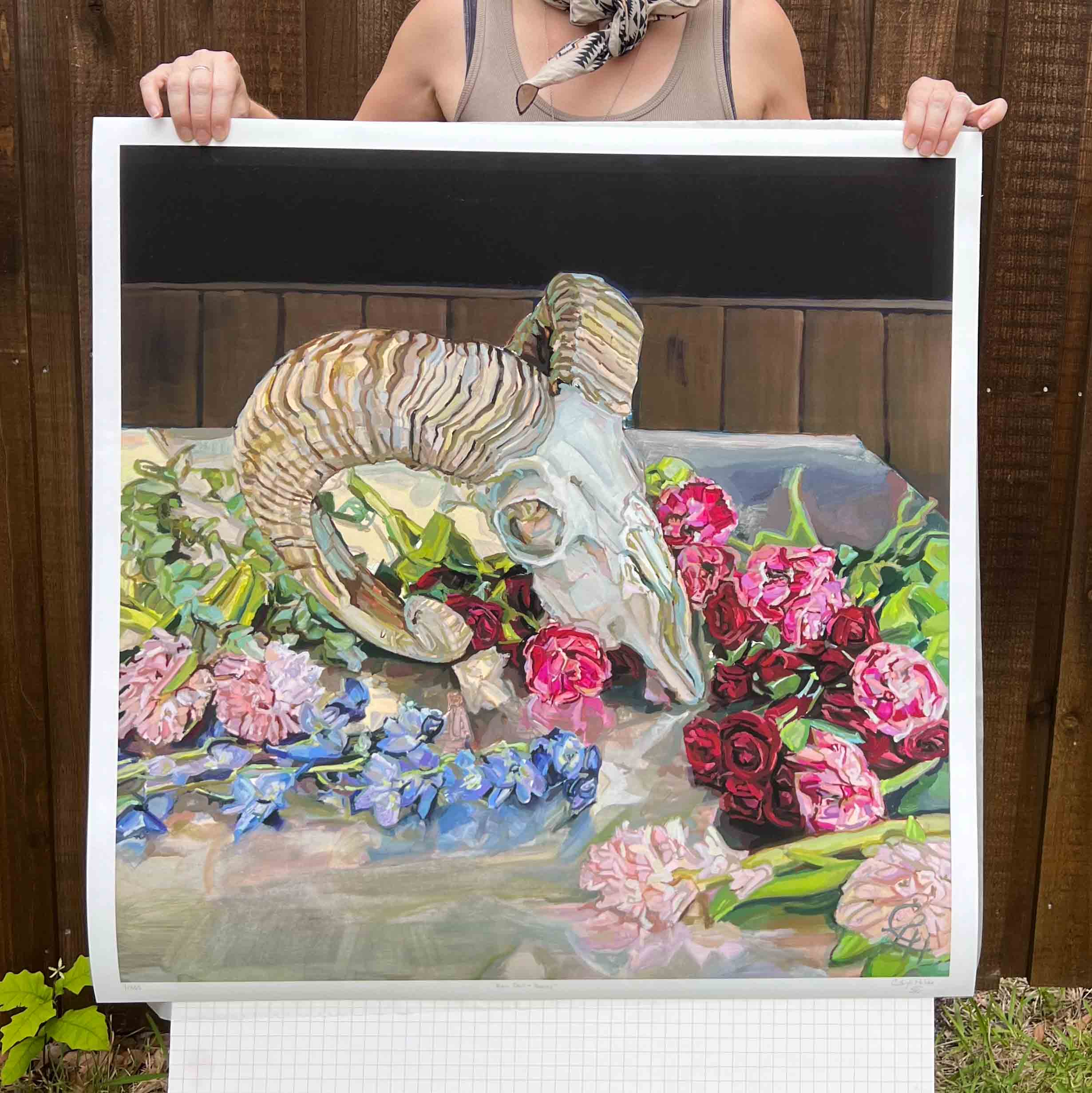 Ram Skull & Peonies Painting, Fine Art Print, 30x30