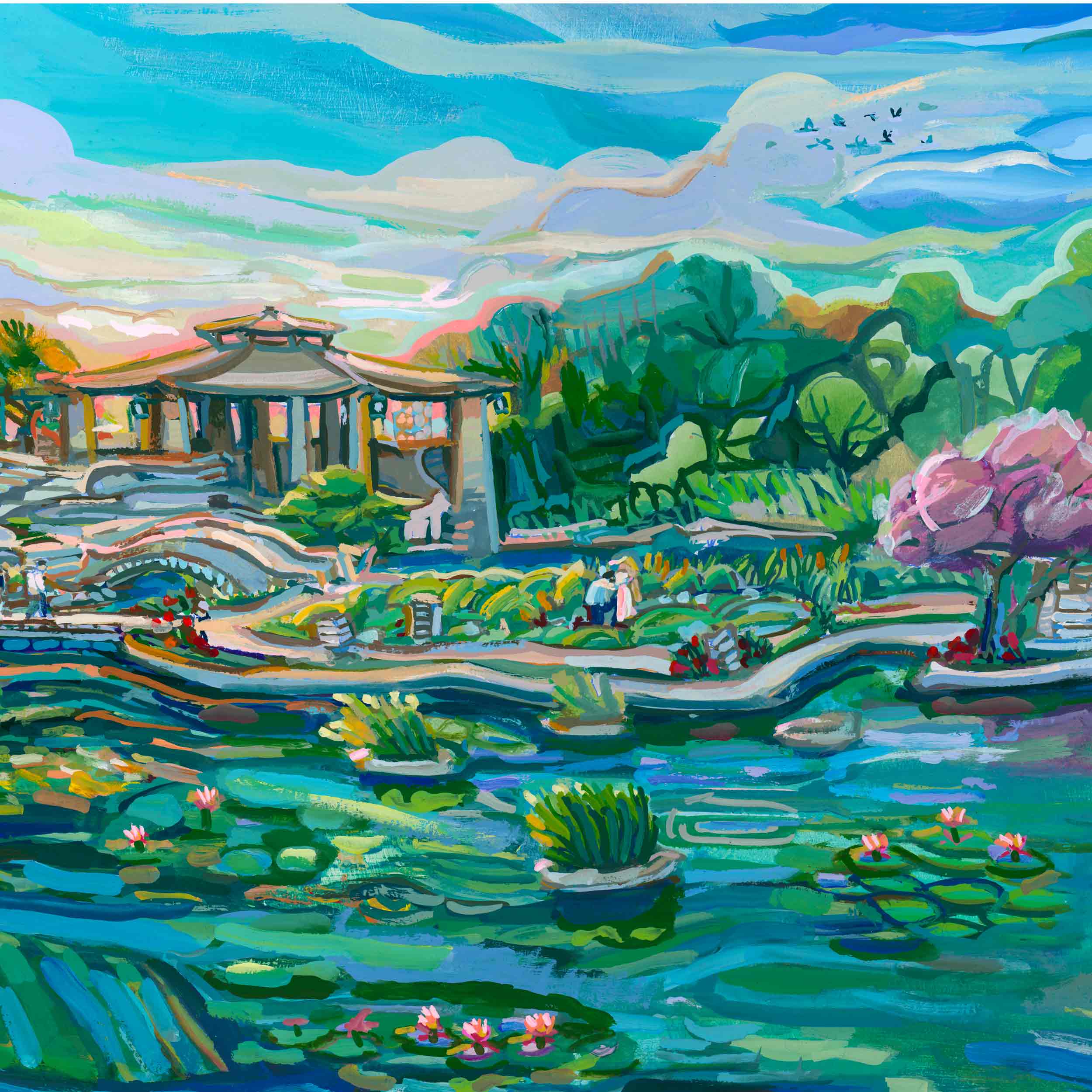 San Antonio garden painting of Japanese Tea Garden with cherry blossom tree - close up of painting