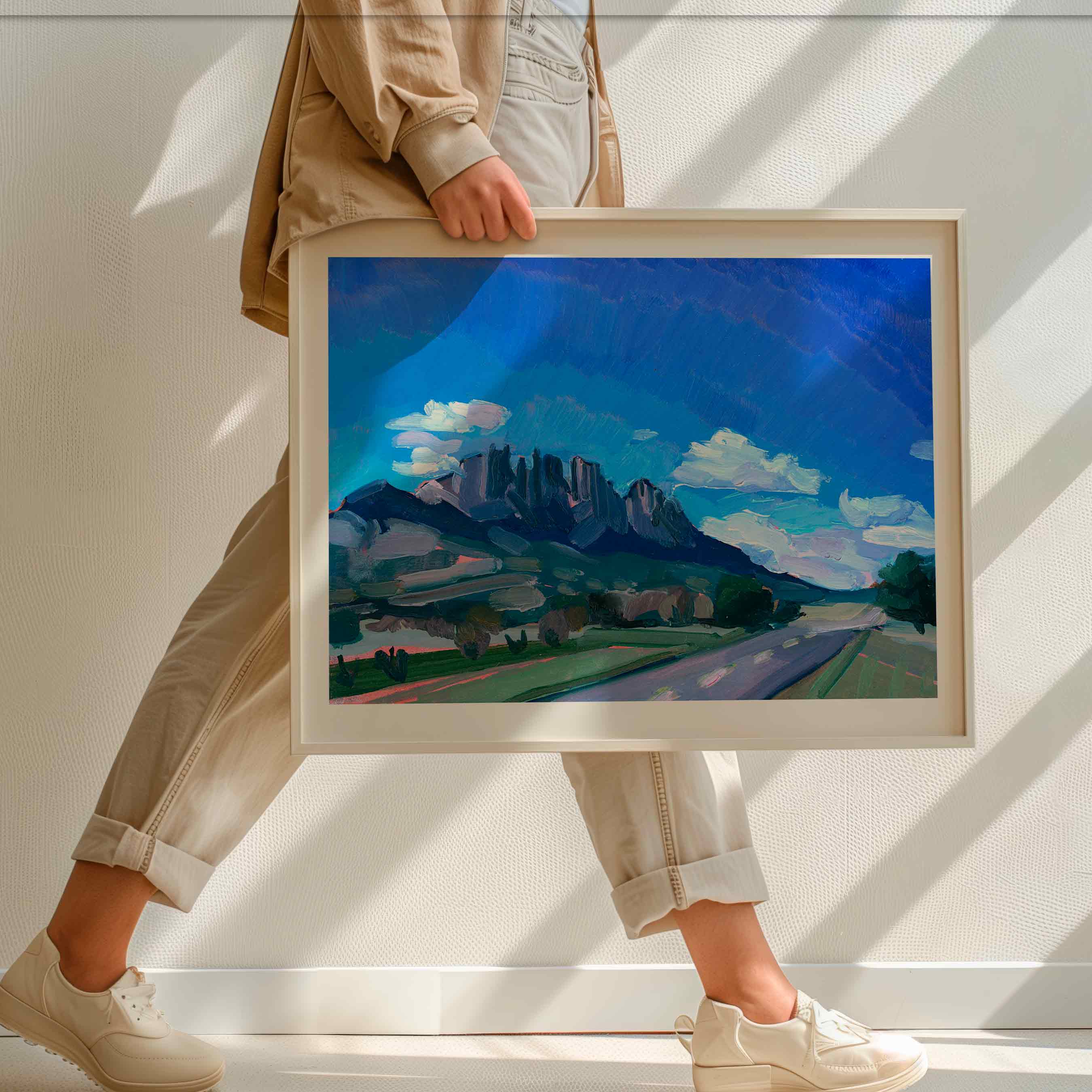 West Texas Landscape Painting of Sawtooth Mountain, Vintage Texas Travel Poster, Colorful Retro Southwestern Mountain Print