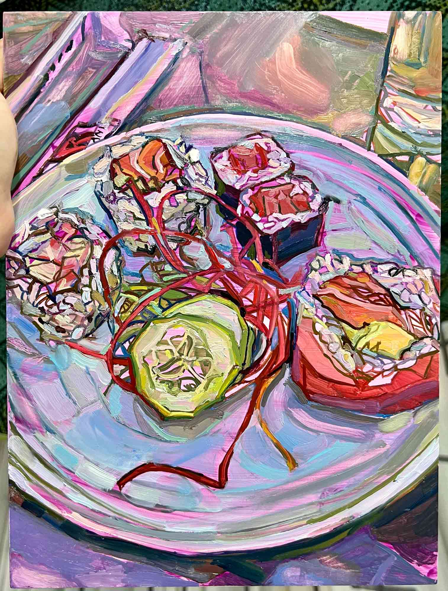 sushi painting still life food oil painting of tuna rolls and cucumber
