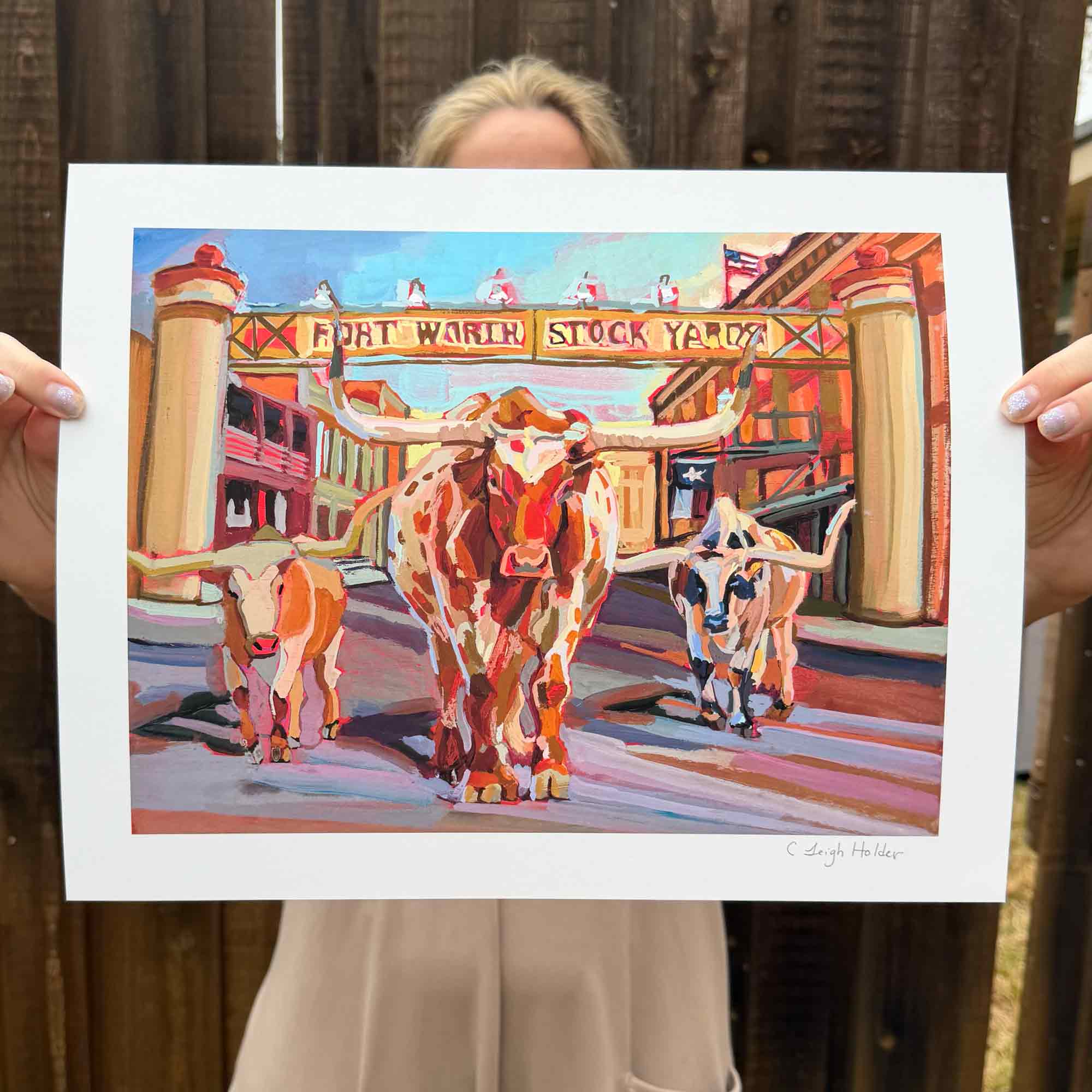 David Forbes 馬 絵画 大型 約97cm 額装 アート インテリア Texas Longhorns Print of Gouache Painting, Fort Worth Stockyard