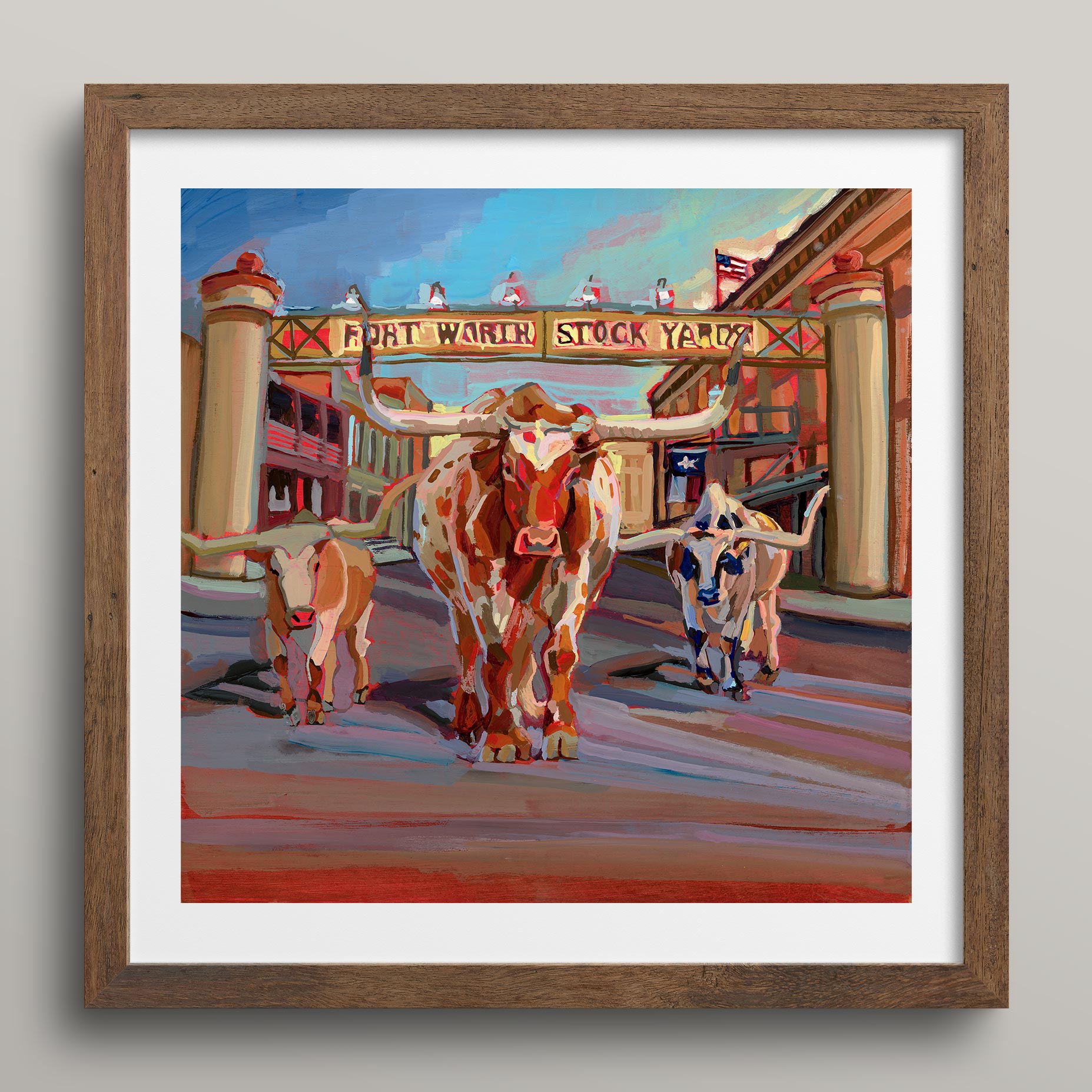 Texas Longhorns framed art print of at the Fort Worth Stockyard, featuring a colorful painting with a wood frame.