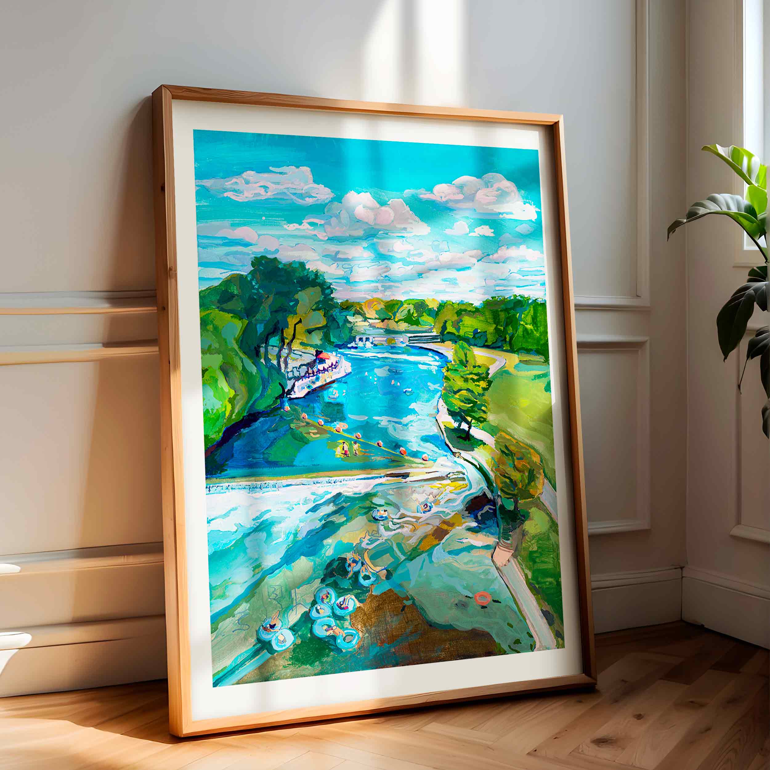 Texas River Print XL Gallery of New Braunfels tubing spot on the Comal River with wood frame for vacation home living room.