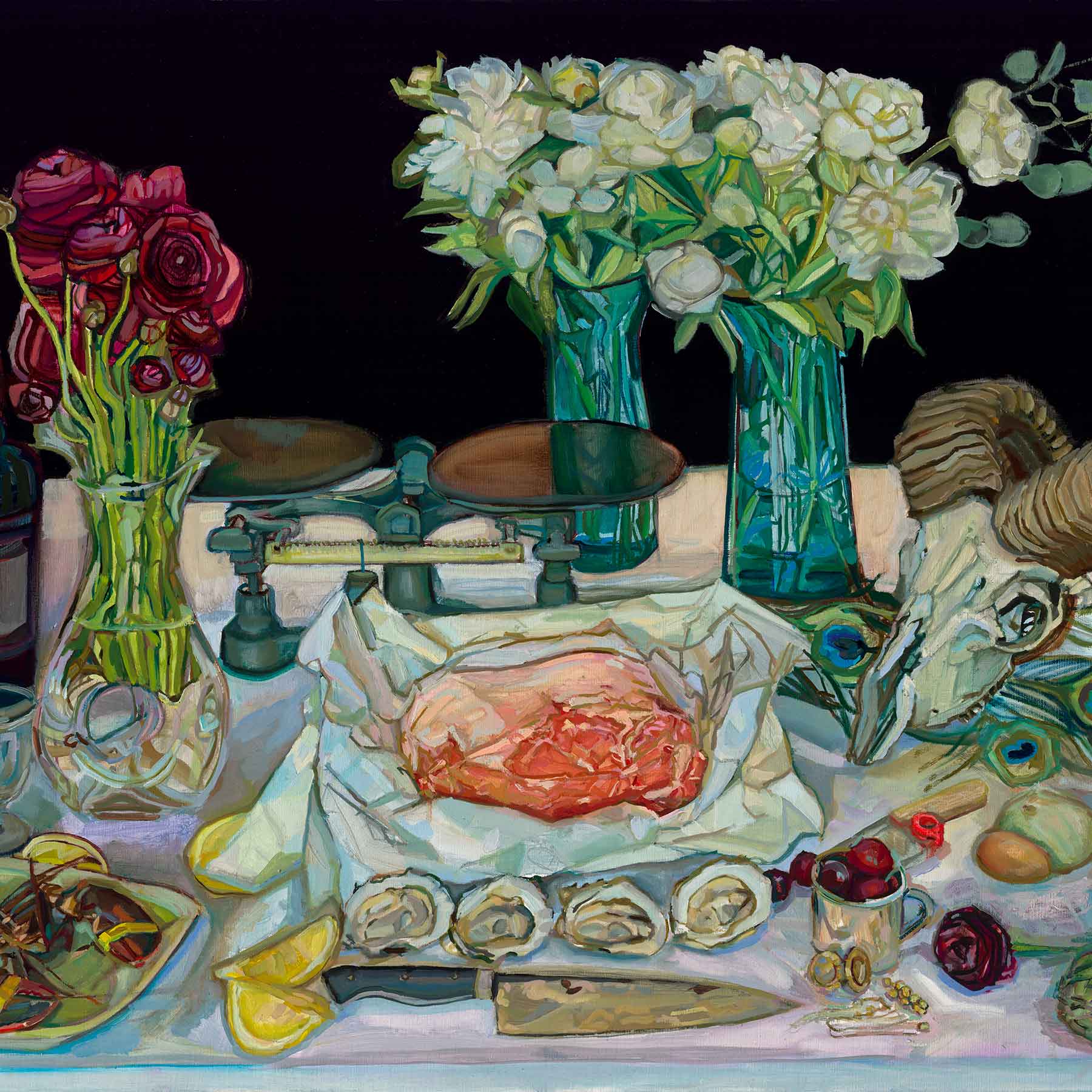 A colorful still-life oil painting featuring an array of Texas food steak, oysters, cherries, peonies floral arrangements, and vintage kitchenware on a long dinning room table with tablecloth.