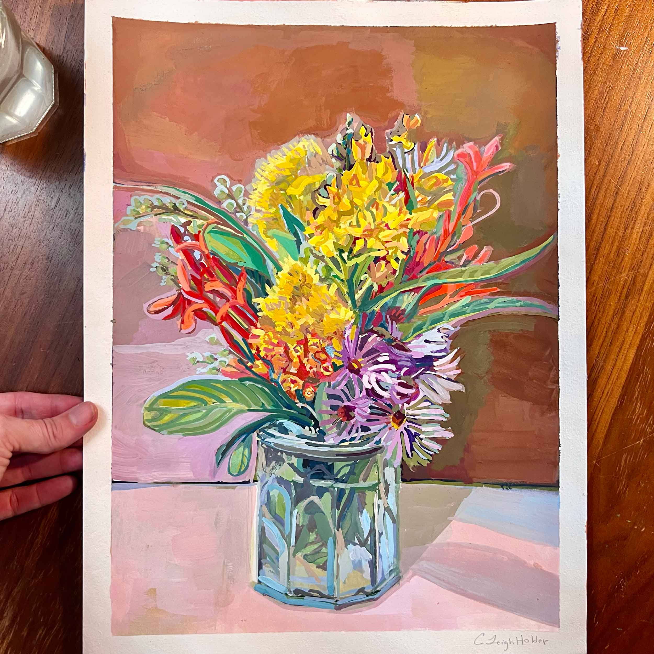 Wildflowers-Painting_gouache_original painting_with purple_-yellow_-red-flowers-in-blue_glass_vintage_style_painting_blush pink-on-paper_Texas-artist-Courtney-Holder