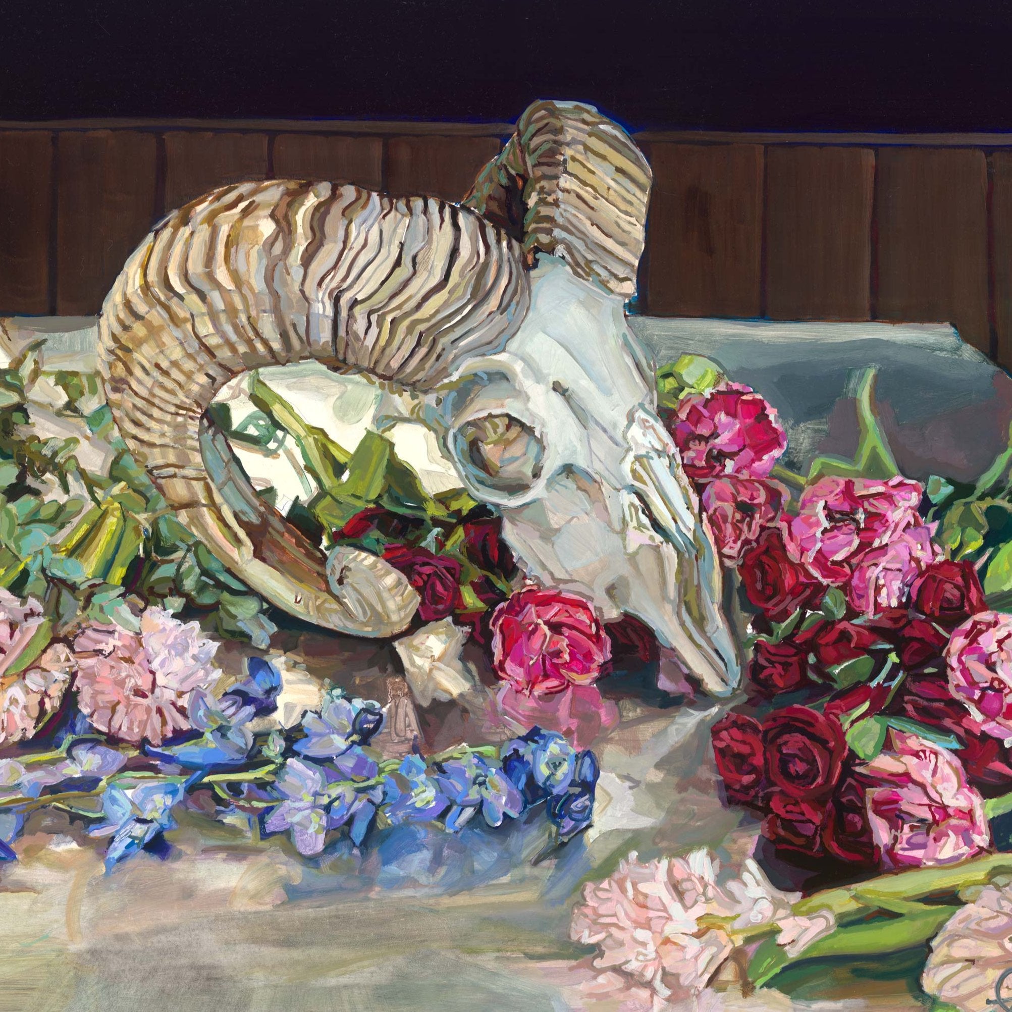 Texas ram skull and flowers still life painting with pink, red and blue flowers by Austin artist