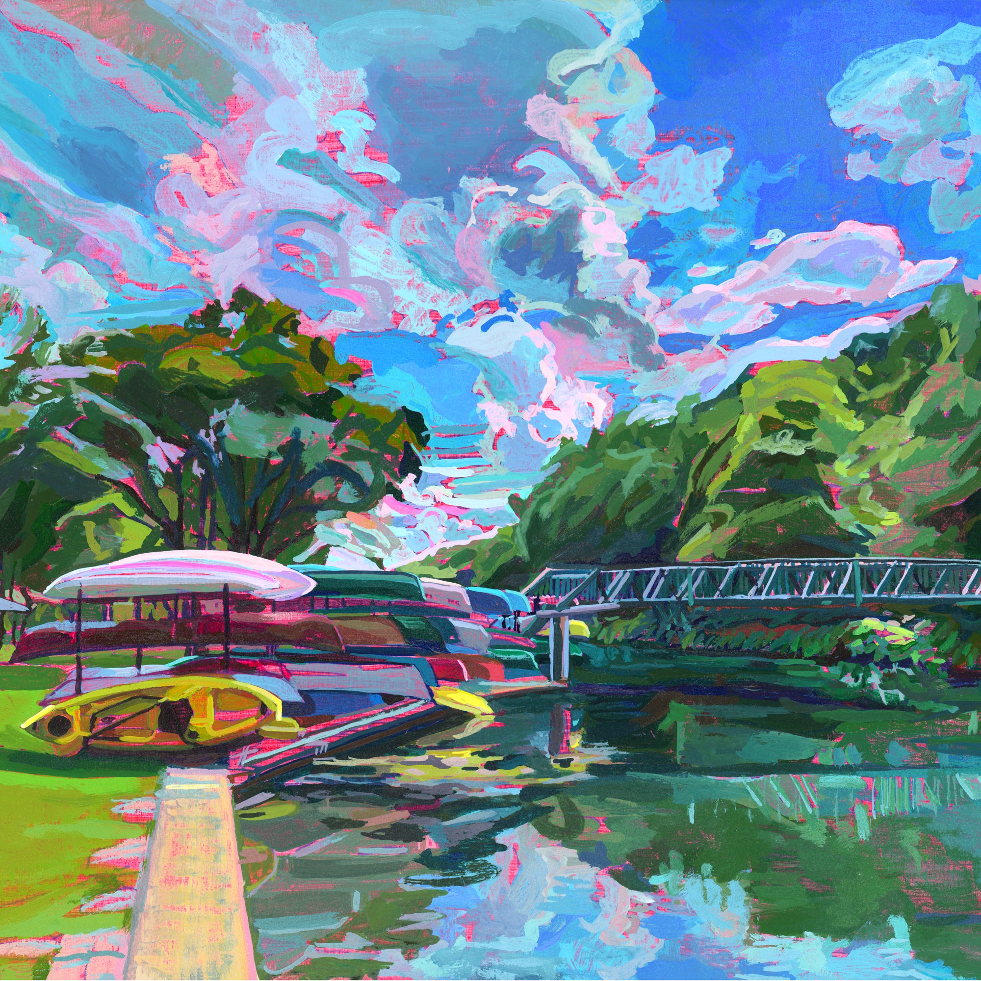 Texas Canoes on River print of painting by Austin Artist, Comal River