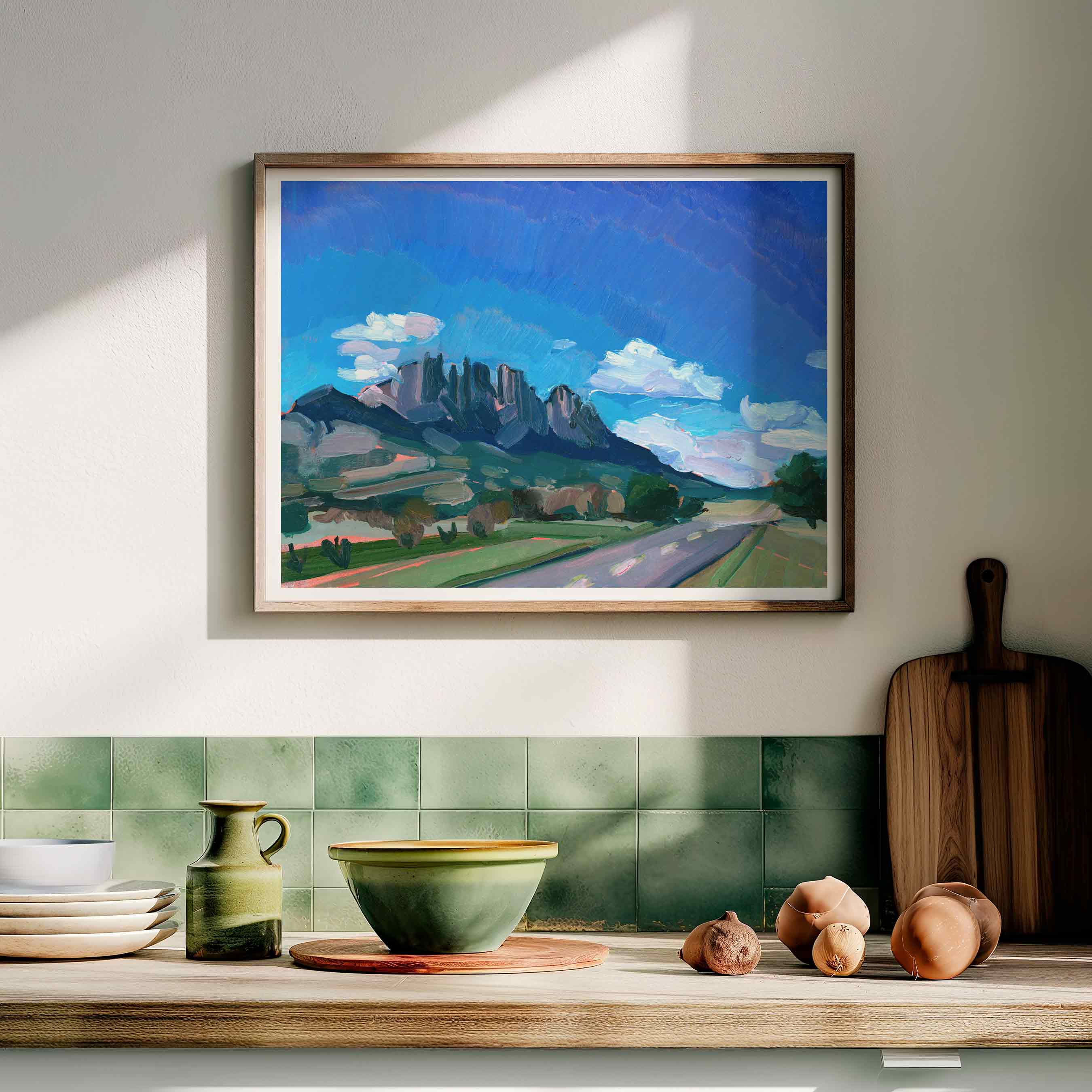West Texas Landscape Painting of Sawtooth Mountain, Vintage Texas Travel Poster, Colorful Retro Southwestern Mountain Print