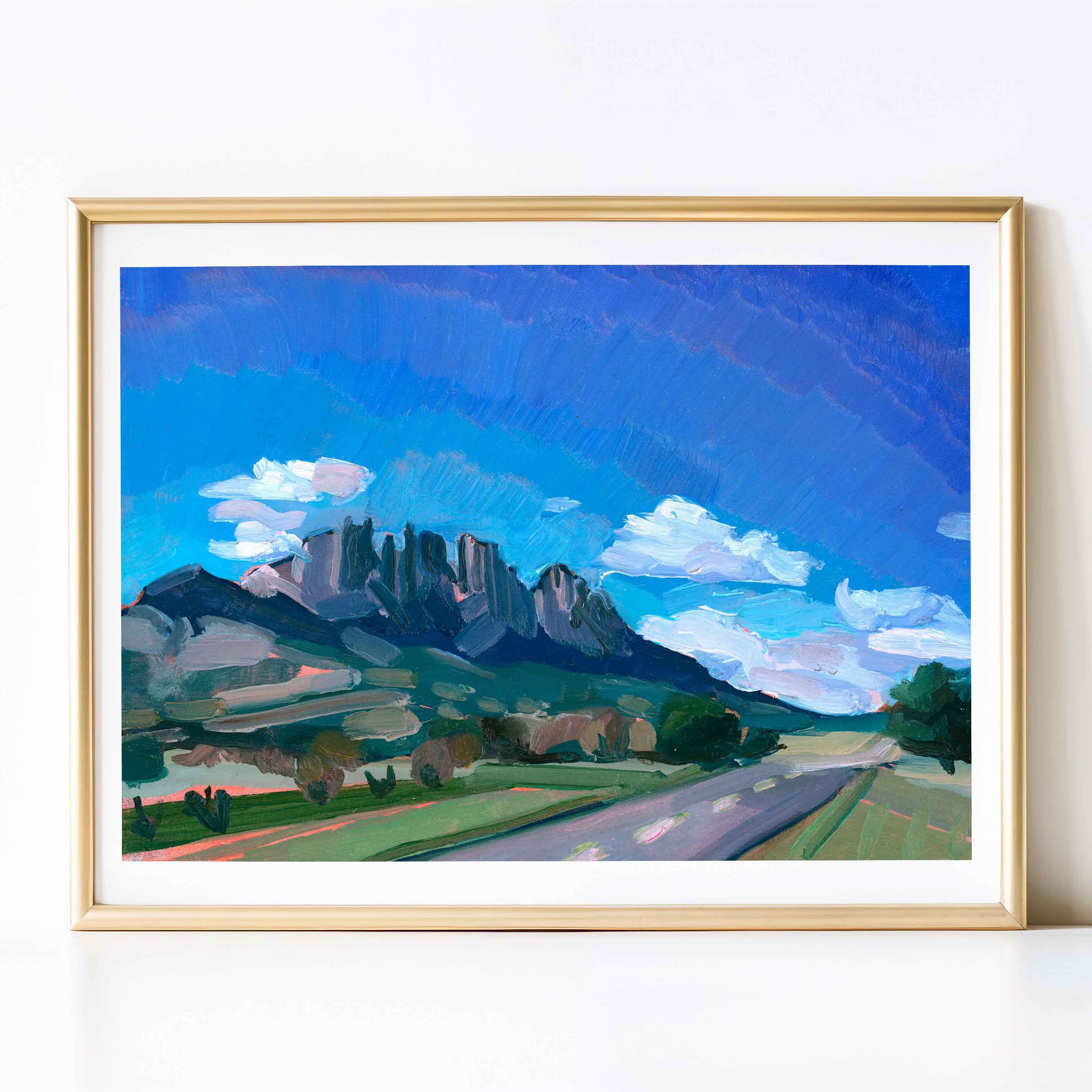 West Texas Landscape Painting of Sawtooth Mountain, Vintage Texas Travel Poster, Colorful Retro Southwestern Mountain Print
