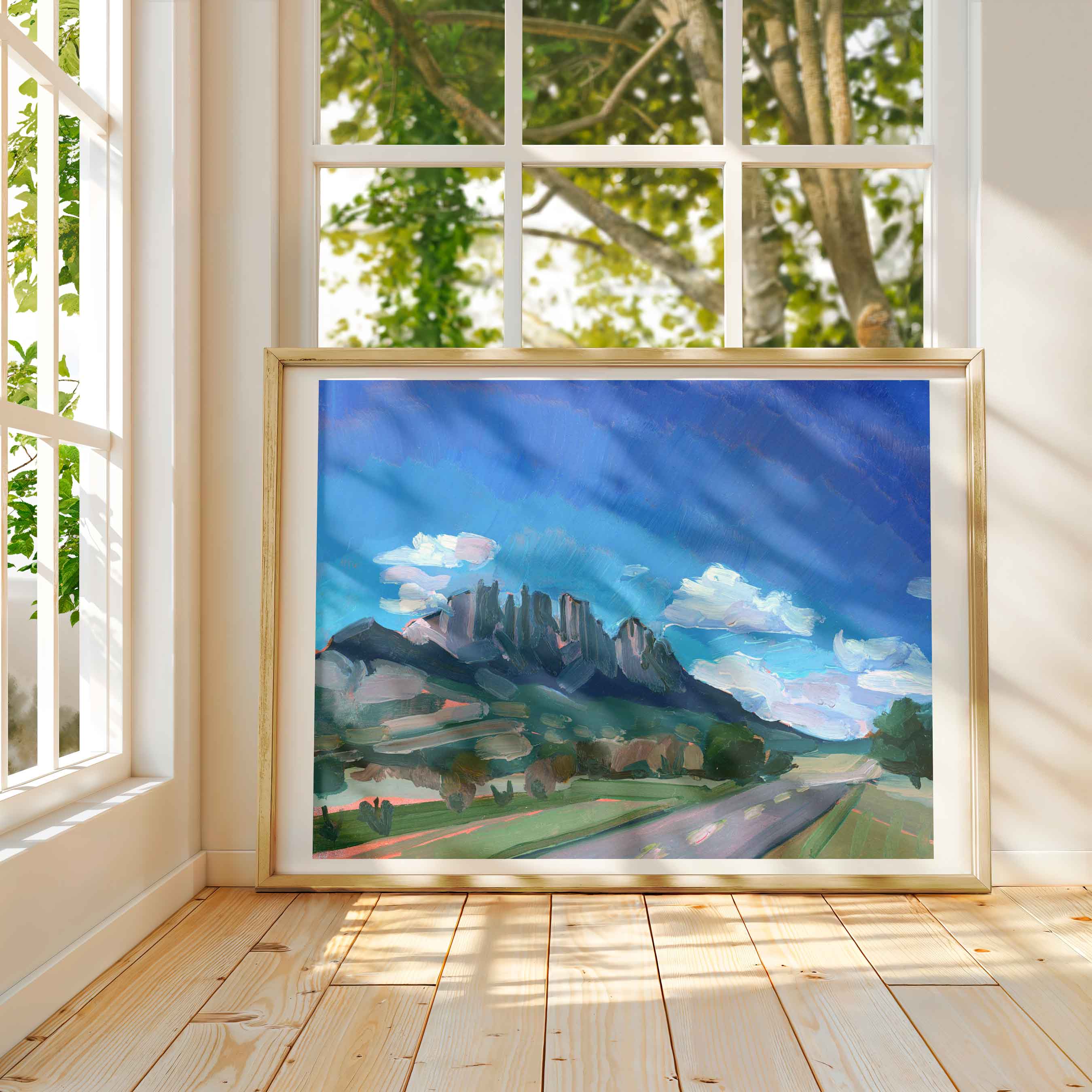 West Texas Landscape Painting of Sawtooth Mountain, Vintage Texas Travel Poster, Colorful Retro Southwestern Mountain Print