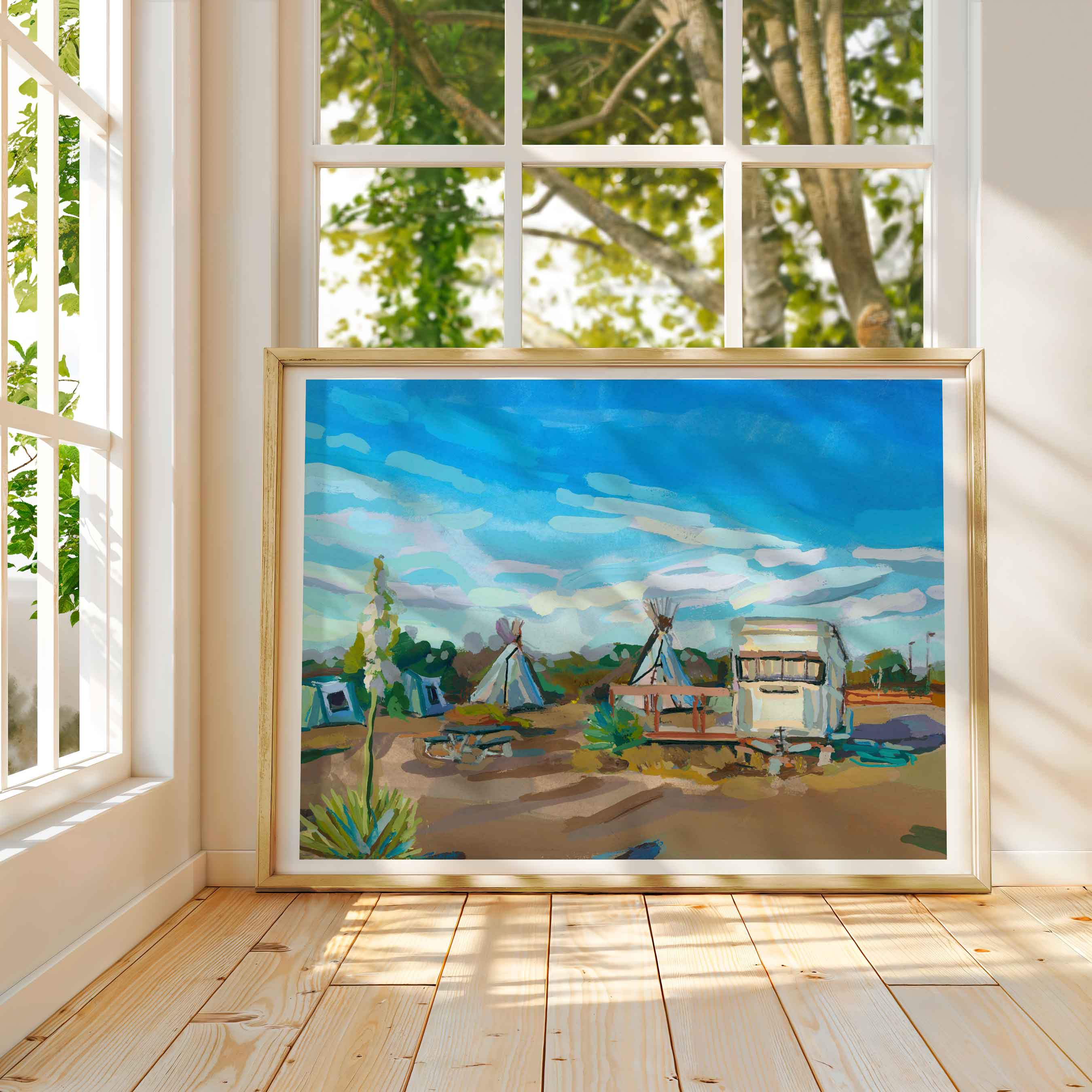 West Texas Painting El Cosmico Marfa Texas Art, Vintage Midcentury Modern Desert Landscape, Hand-signed Print