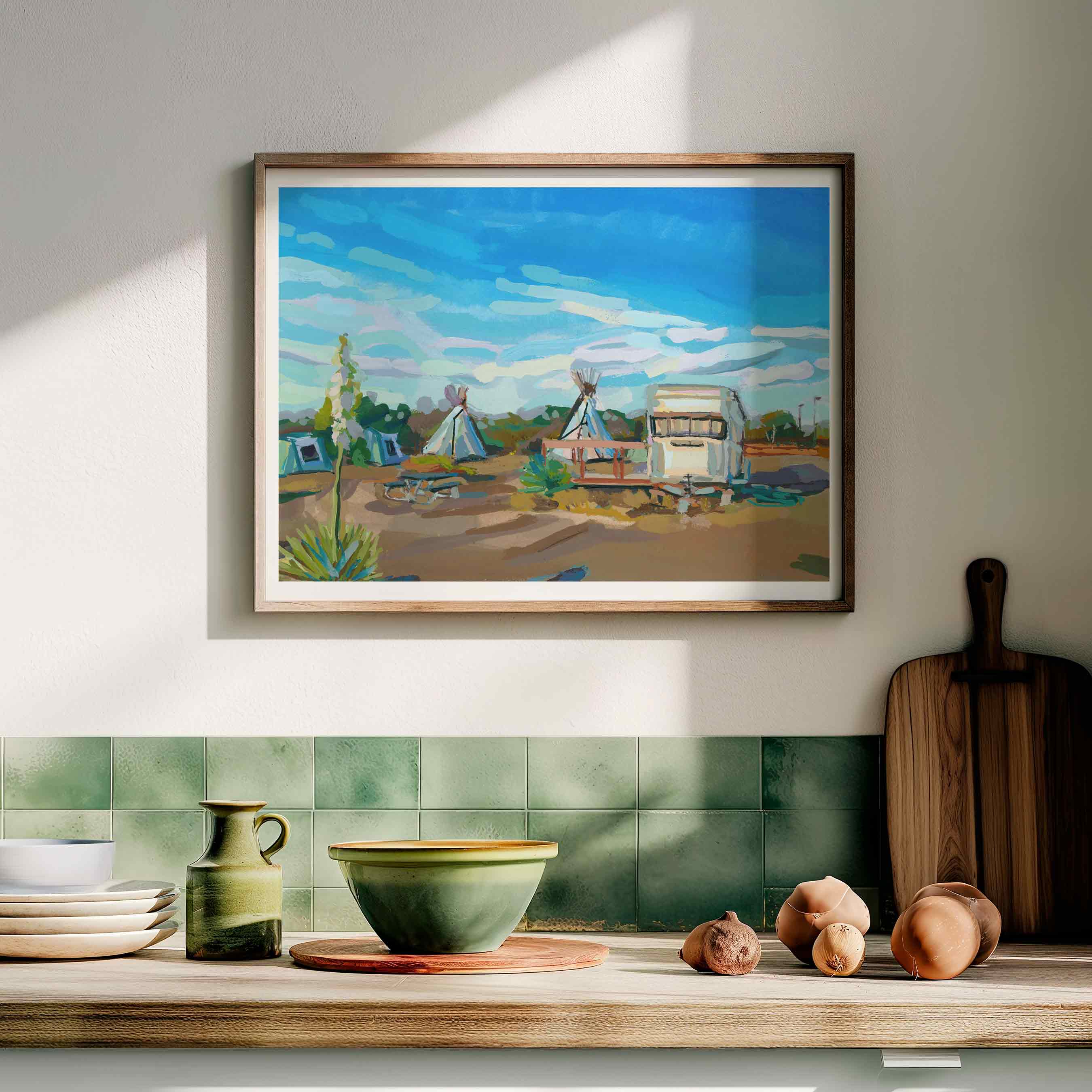 West Texas Painting El Cosmico Marfa Texas Art, Vintage Midcentury Modern Desert Landscape, Hand-signed Print