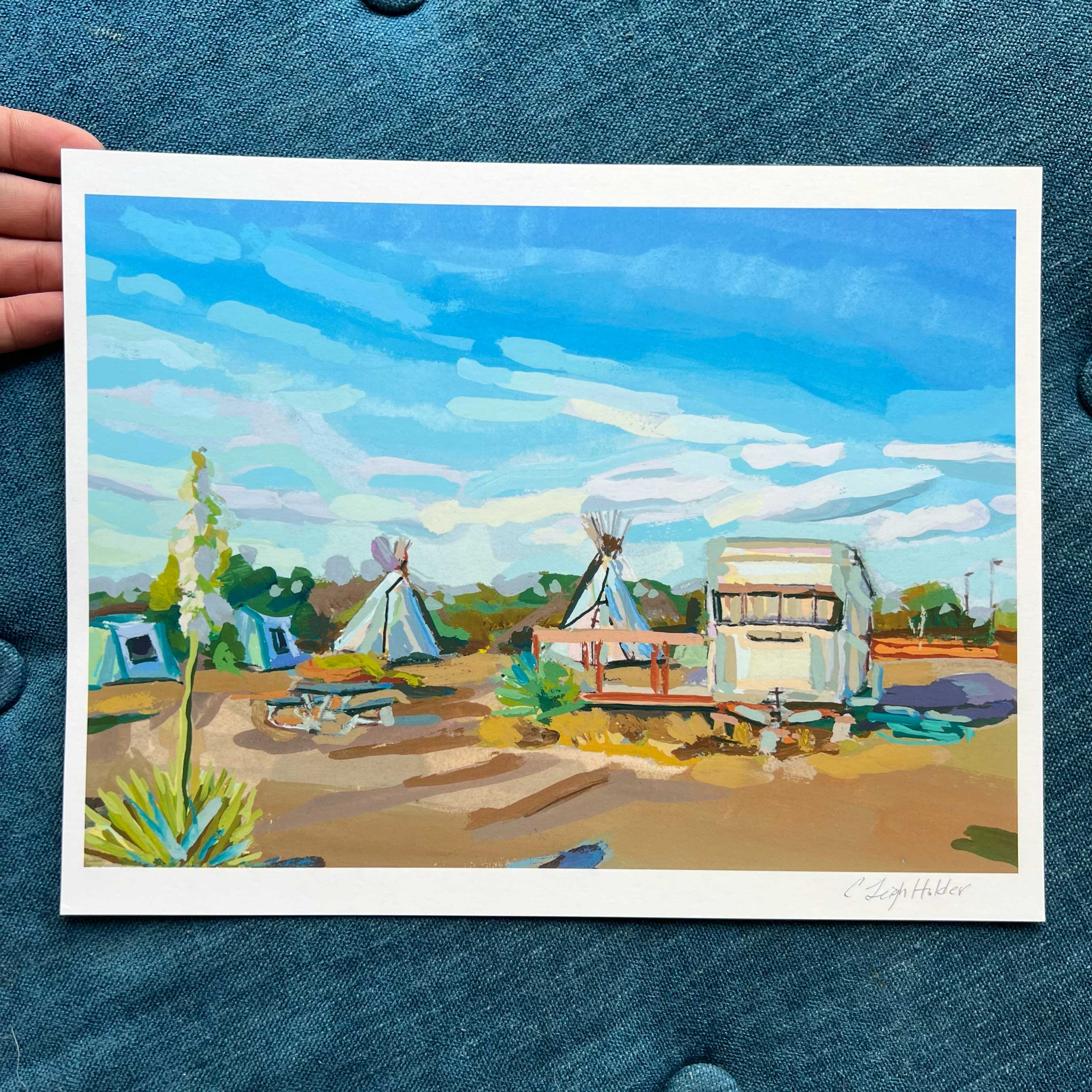 West Texas Painting El Cosmico Marfa Texas Art, Vintage Midcentury Modern Desert Landscape, Hand-signed Print