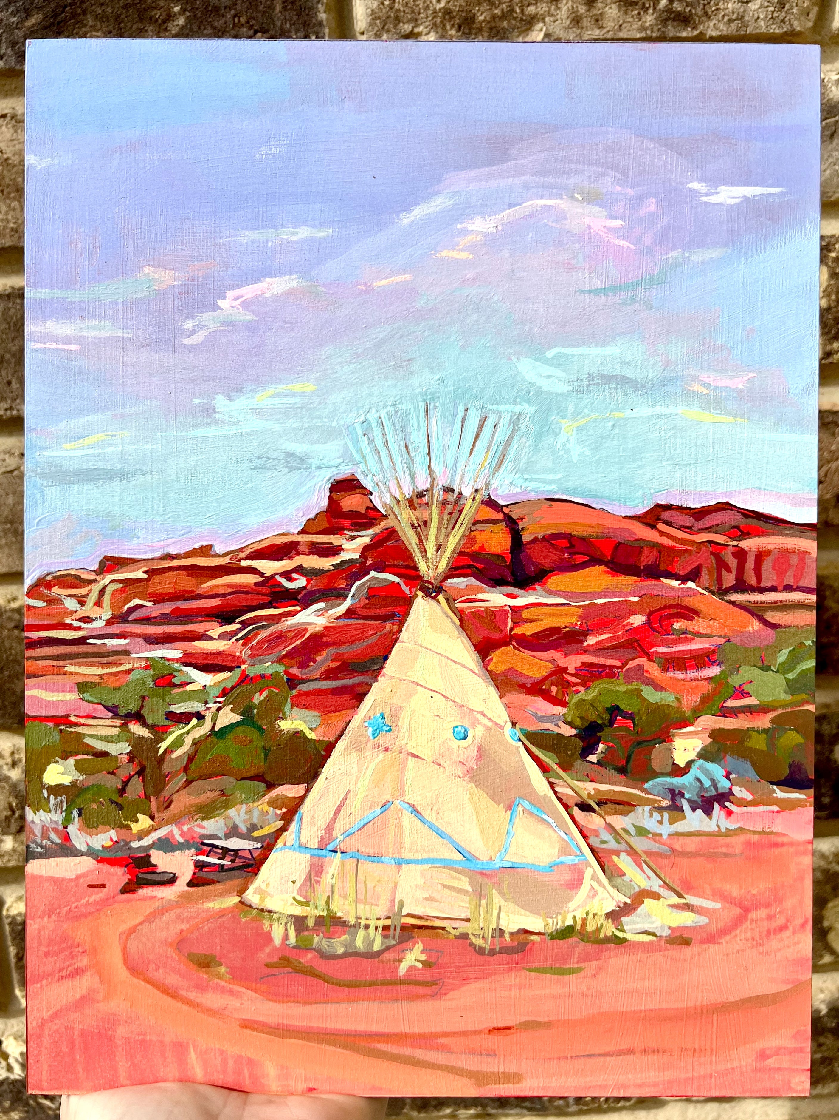 Teepee Original Small Painting | Desert New Mexico Art | Southwestern Decor | NM Wall Art | Modern Desert Landscape | Red Rock Mountains