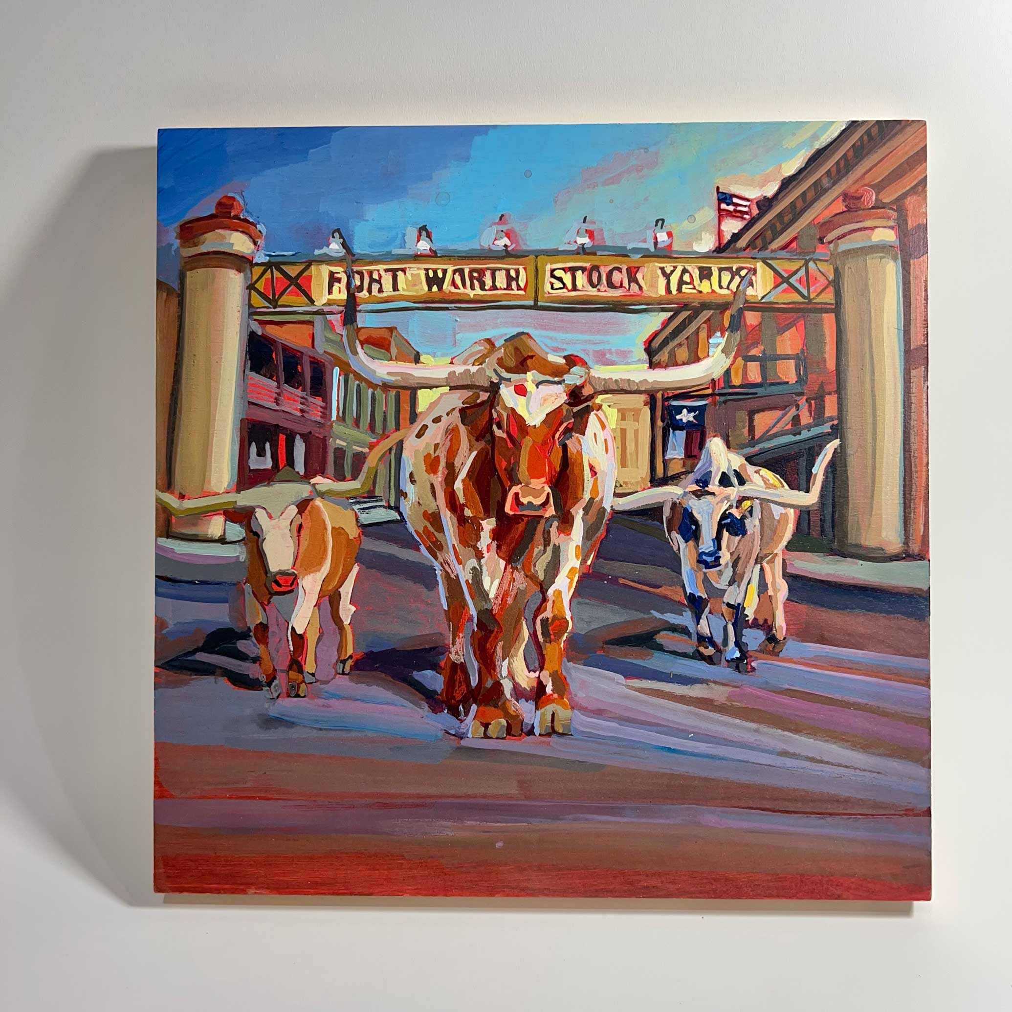 Texas Longhorns at Fort Worth Stockyard, Original Gouache Painting, Fort Worth Decor