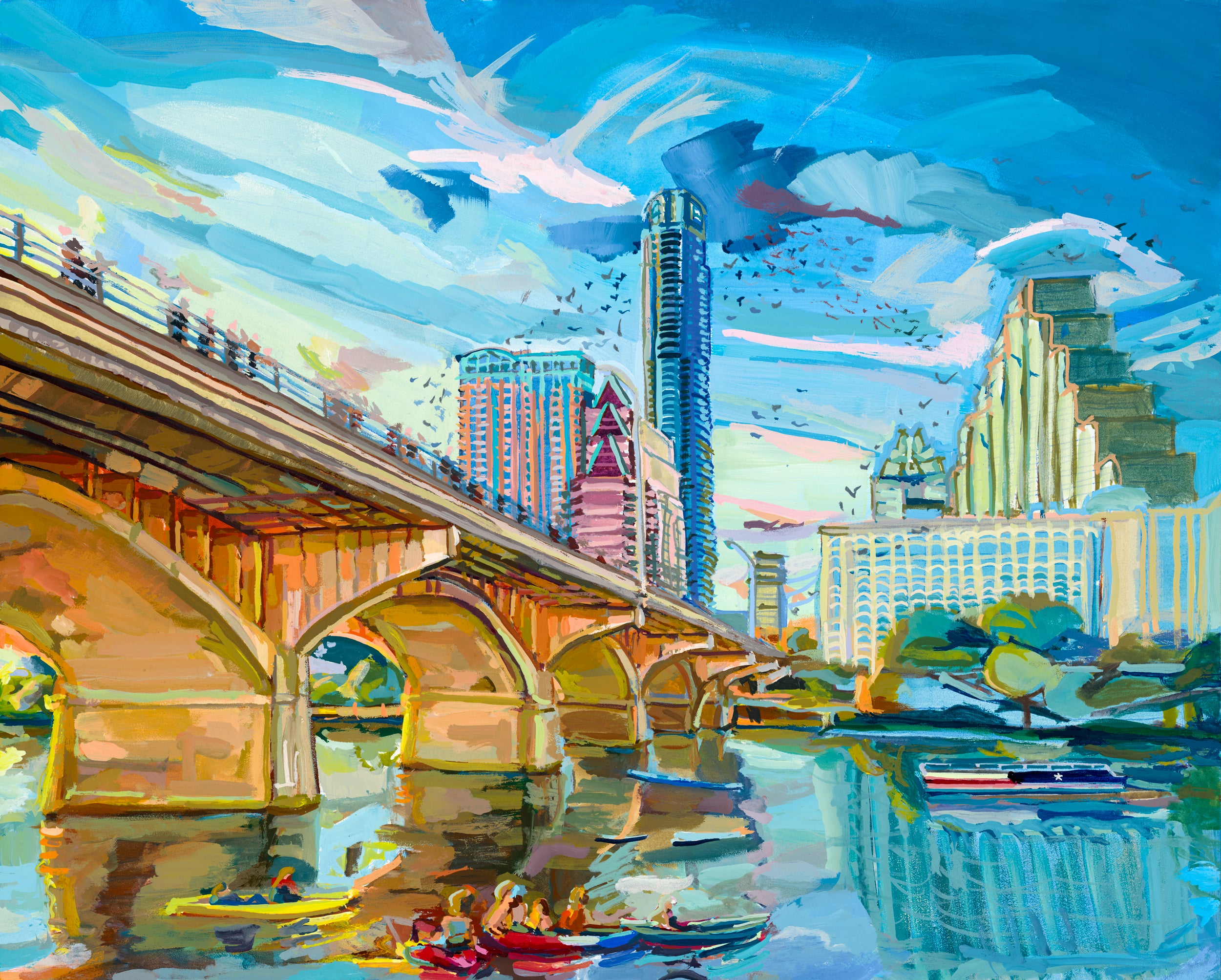 Austin Texas Bats at Congress Bridge Art Print, Ladybird Lake