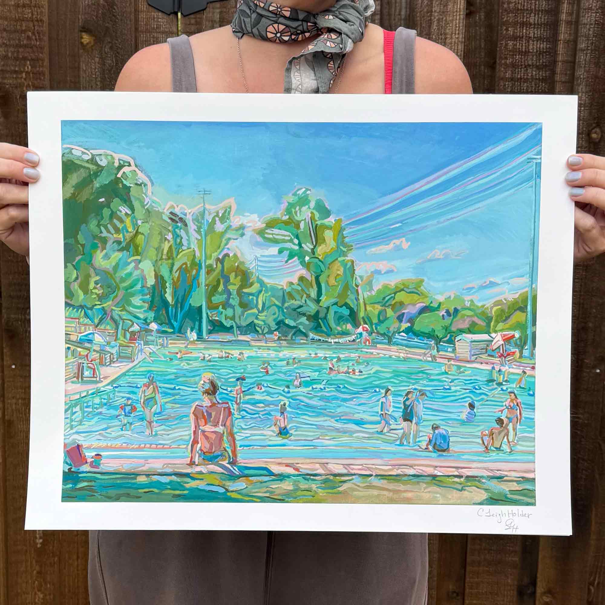 Deep Eddy Pool Painting, Archival Print of Original Austin Gouache