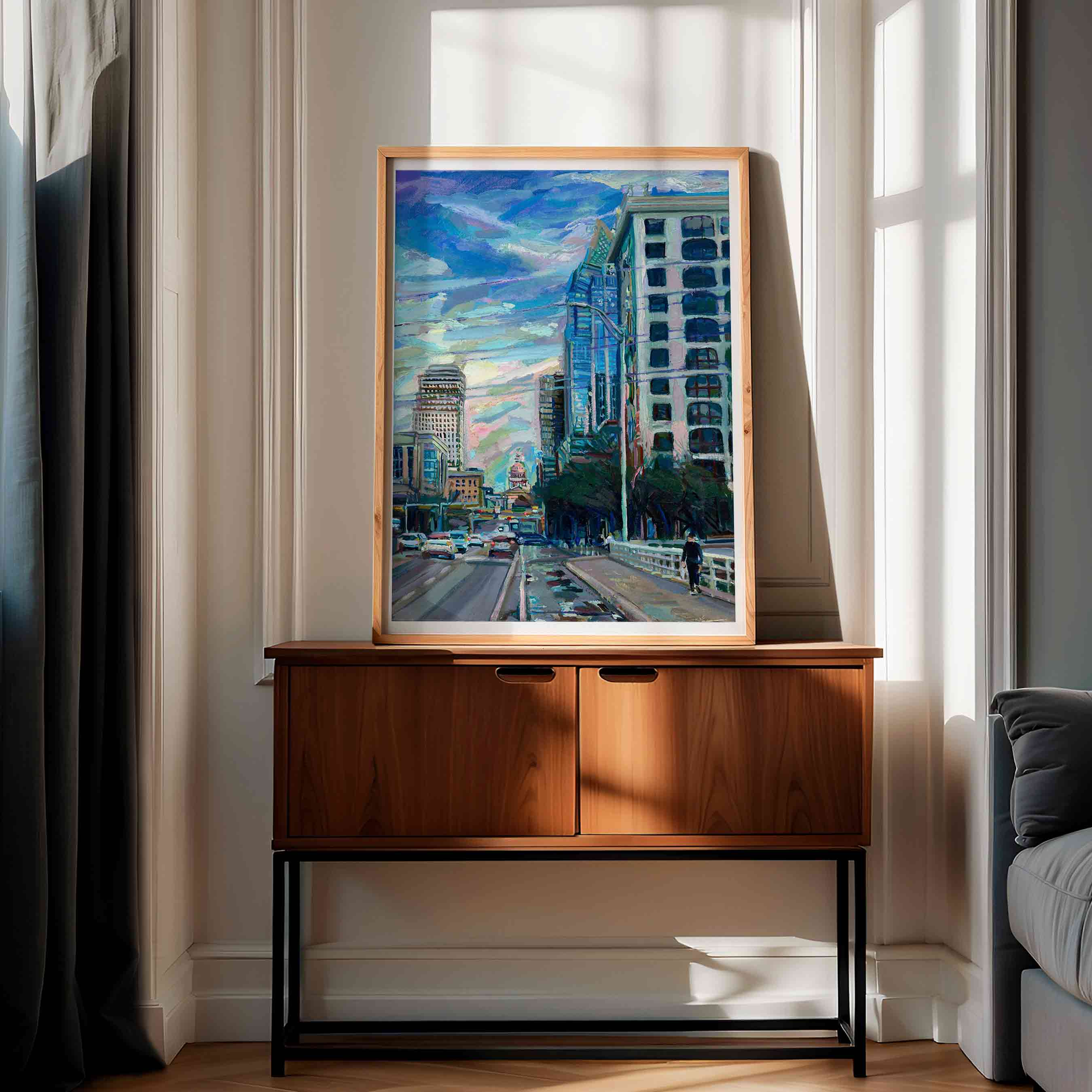 Austin Art Print of Texas Capital Oil Painting in Downtown Austin with Frost Building on Congress