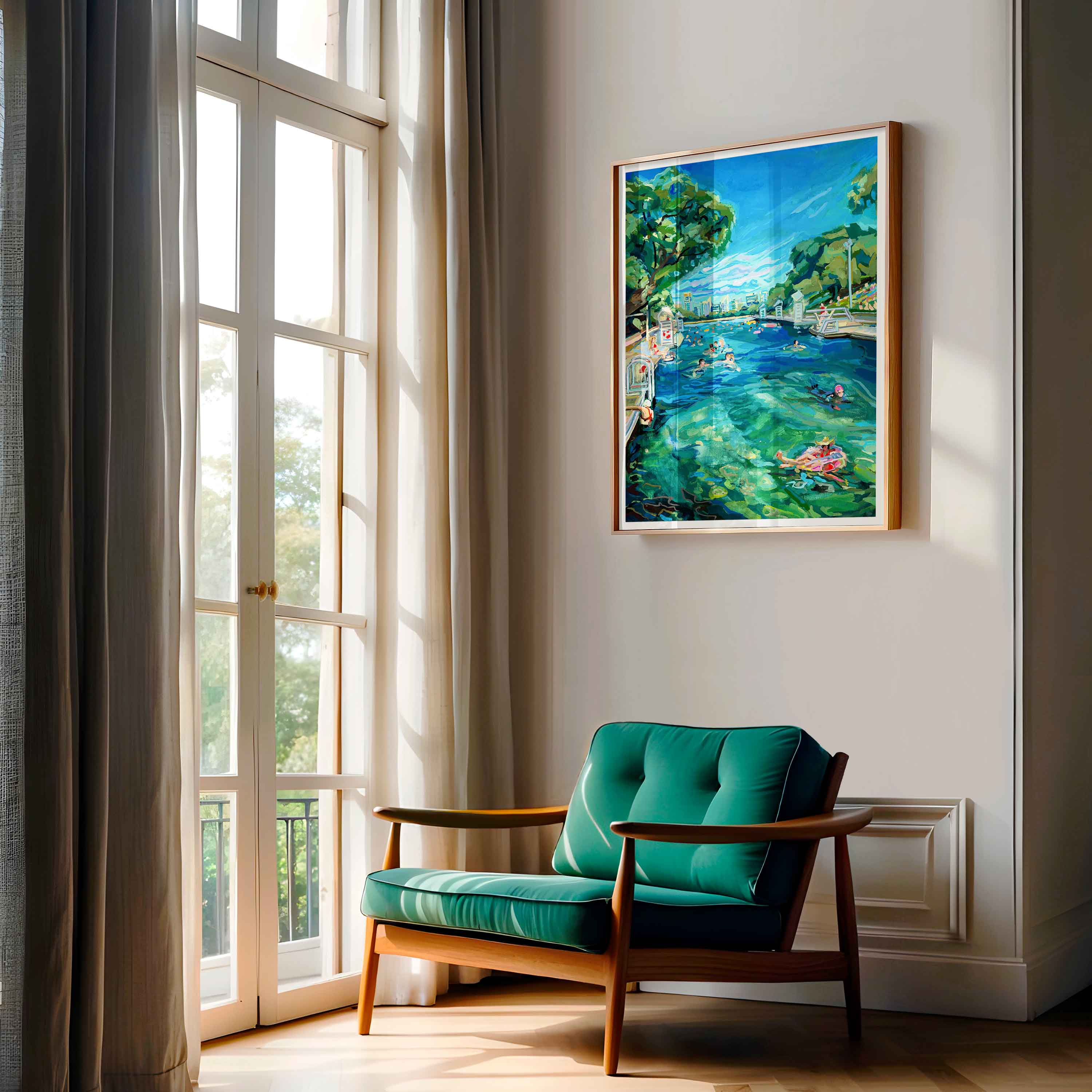 Barton Springs Austin Art for Living Room. Extra large Austin print of painting for modern living room with art deco green chair.