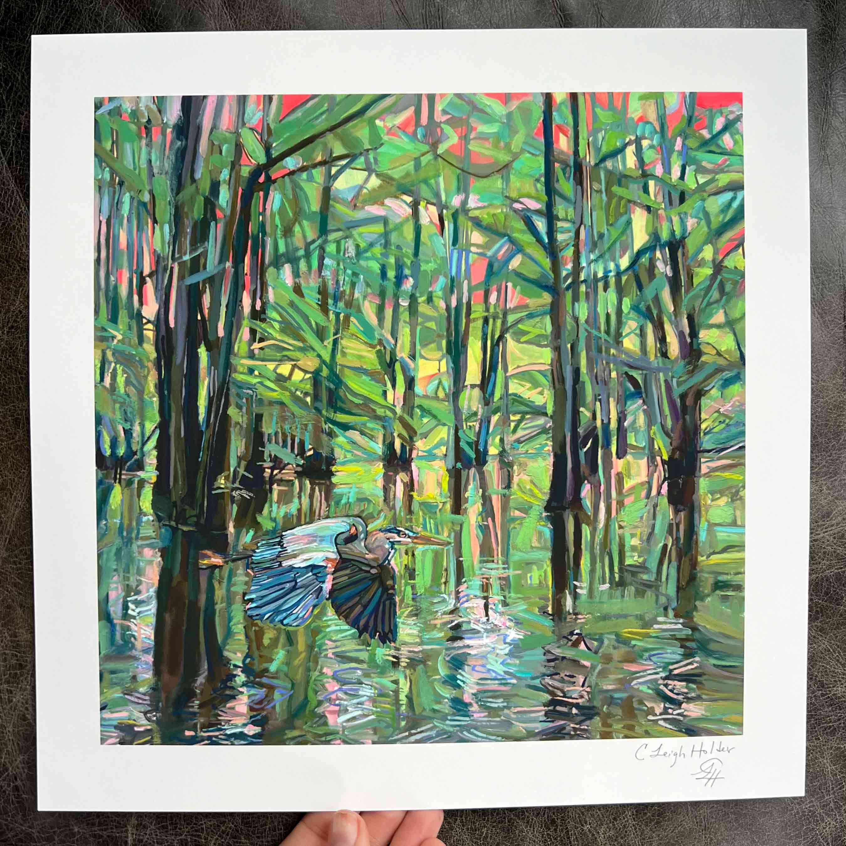 Blue heron painting, wetland painting with heron flying over Caddo Lake and Cypress tree, art print signed by Texas artist Courtney Holder