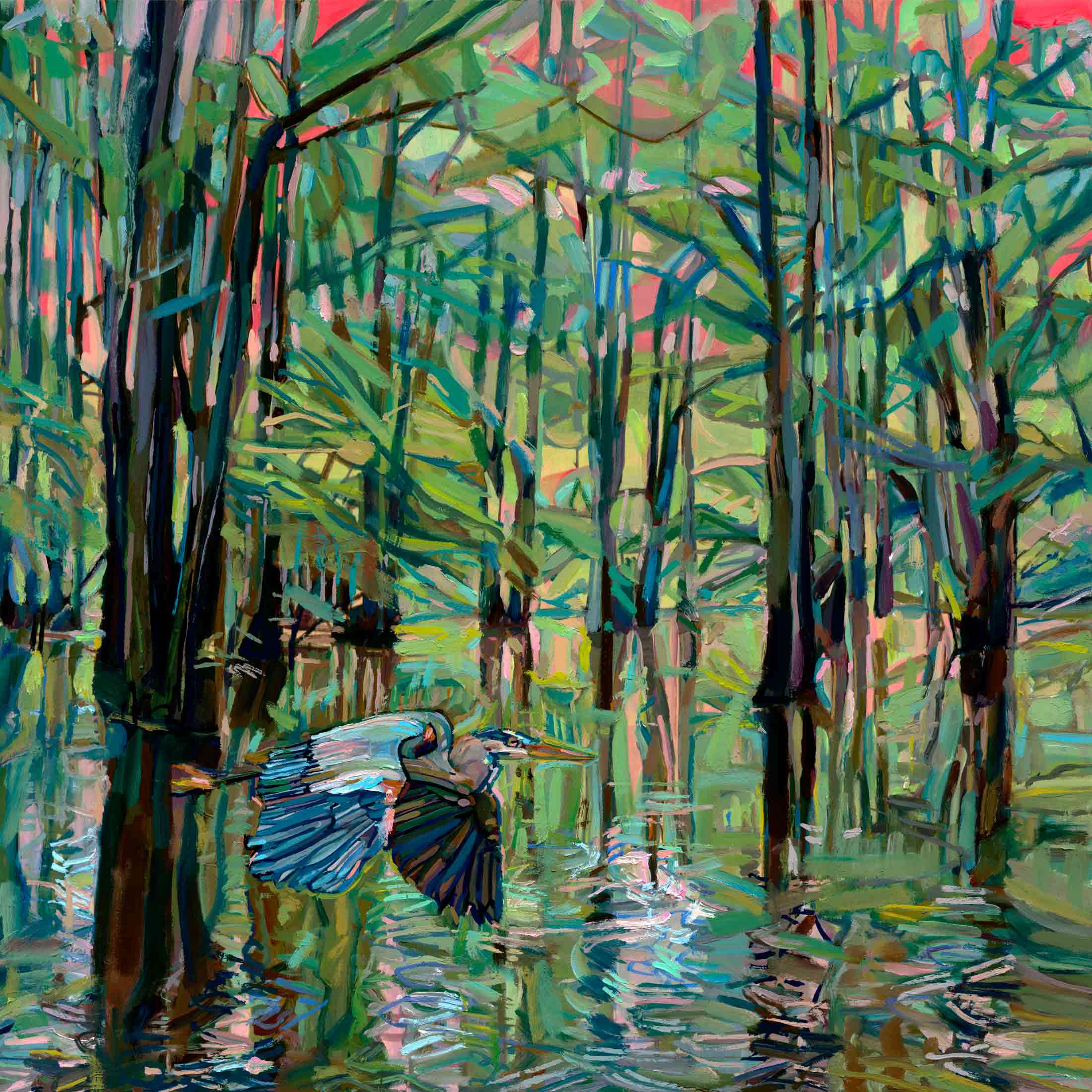 Blue Heron painting with Cypress Trees, wildlife oil painting of Caddo Lake, Texas