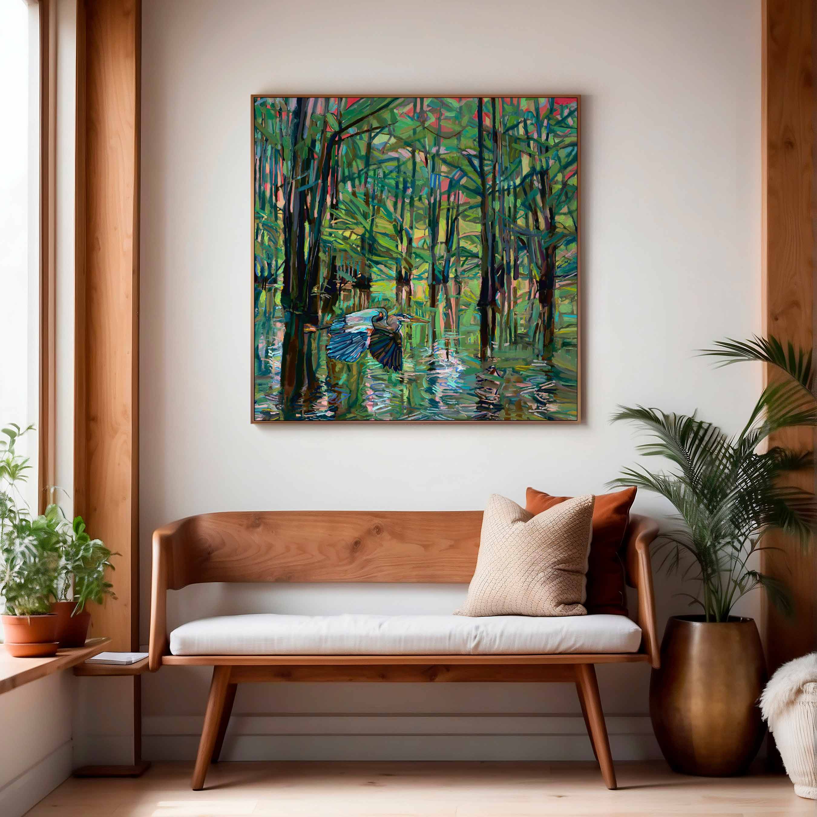 Heron Oil Painting, Blue Heron Print of Landscape Painting, Bayou Painting for Bird Lover Gift, Lake House Decor, Art for Sanctuary Spaces