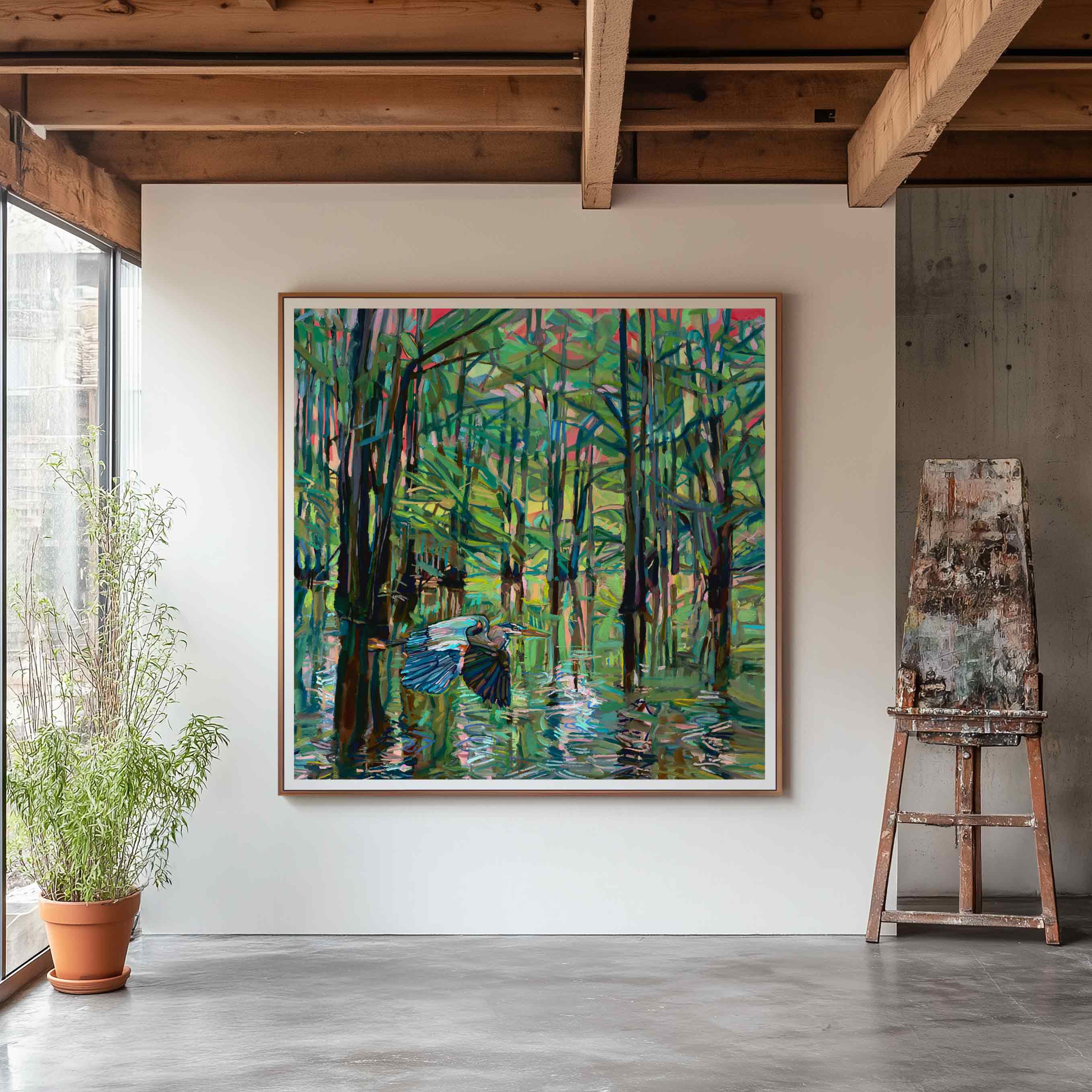 Blue Heron large painting, fine art print 40x40"