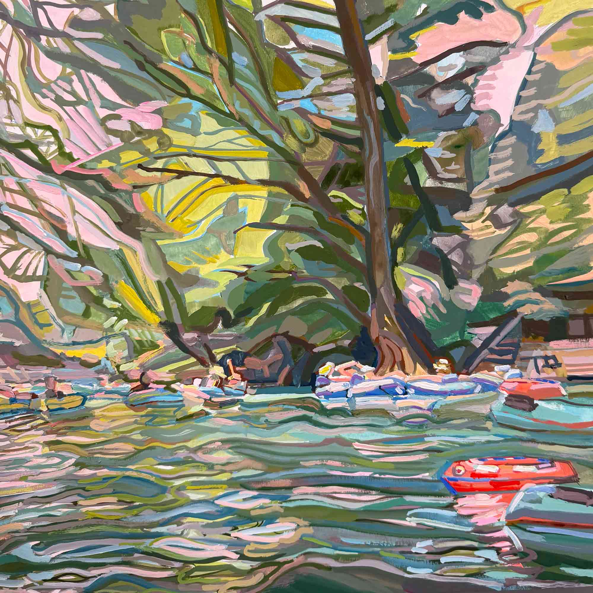 Comal River Gouache Painting of Summer Tubing, Dreamy Texas Hill Country Original Landscape Painting
