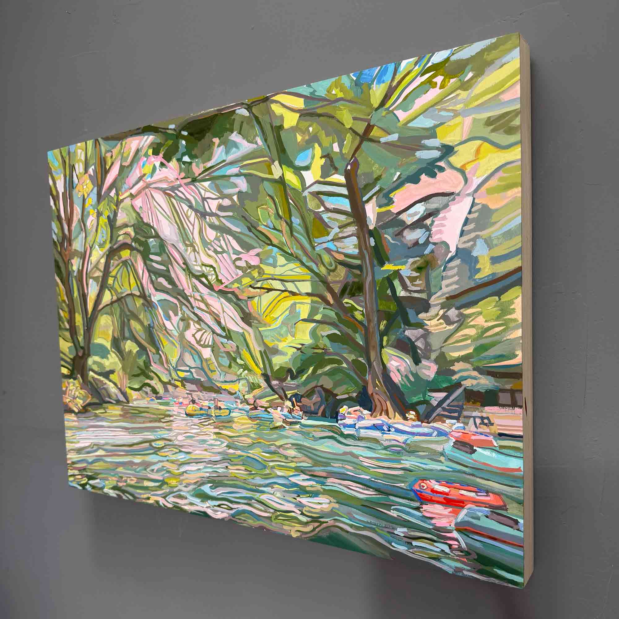 Comal River Gouache Painting of Summer Tubing, Dreamy Texas Hill Country Original Landscape Painting