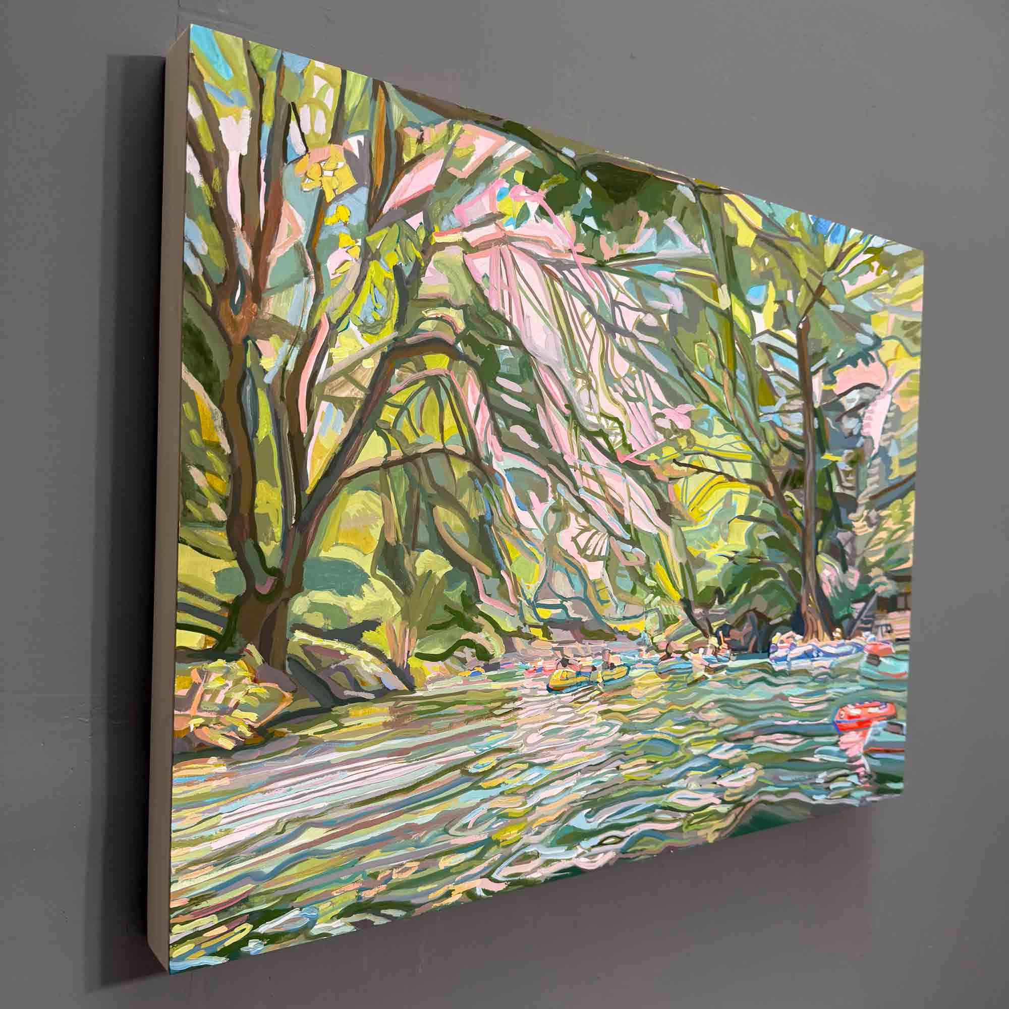 Comal River Gouache Painting of Summer Tubing, Dreamy Texas Hill Country Original Landscape Painting