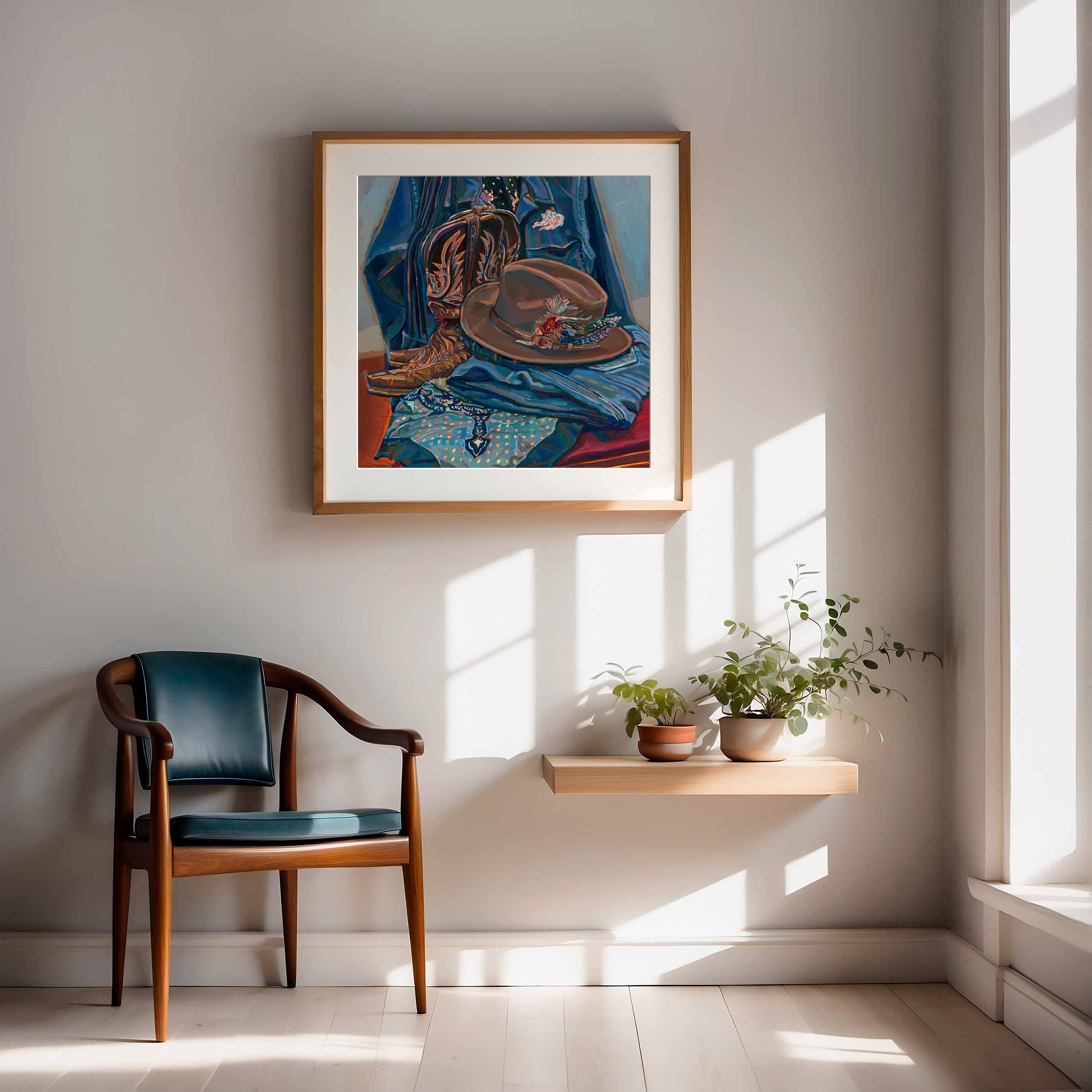 Stetson Oil Painting, Cowboy Hat Print of Stetson Hat & Lucchese Boots Western Still Life Painting, Far West Art